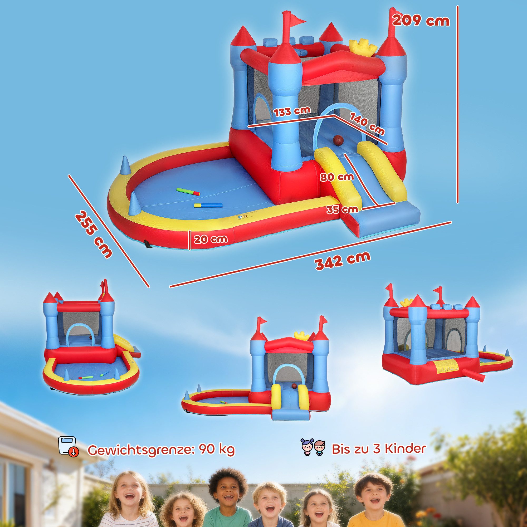 AIYAPLAY Hüpfburg Trampolin mit Gebläse und Rutsche, Planschbecken/Bällebad, (Bouncy Castle, 1-tlg., Aufblasbar Spielcenter), für 3-8 Jahre Kinder für Indoor & Outdoor 342x255x209 cm Blau