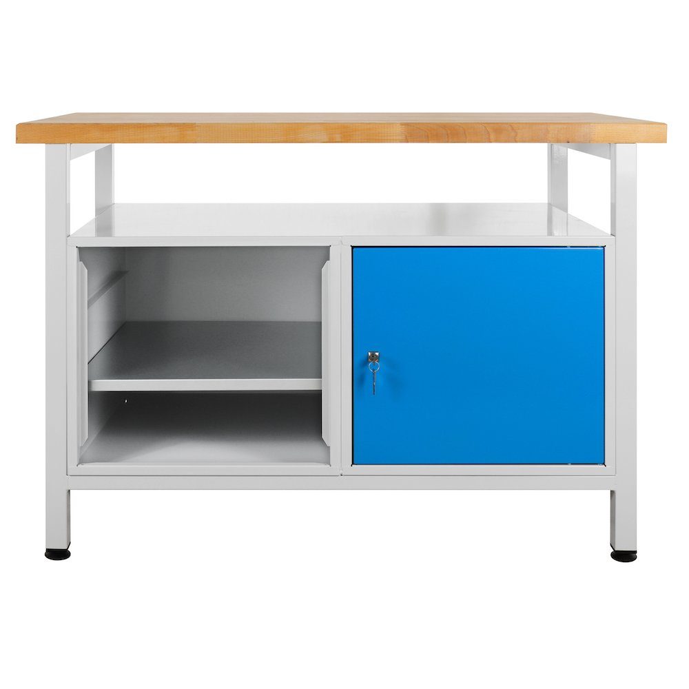 PROREGAL® Werkbank Werkbank Rhino mit Ablagefläche + 1 Tür + Regalteil, Grau/Blau Lichtblau