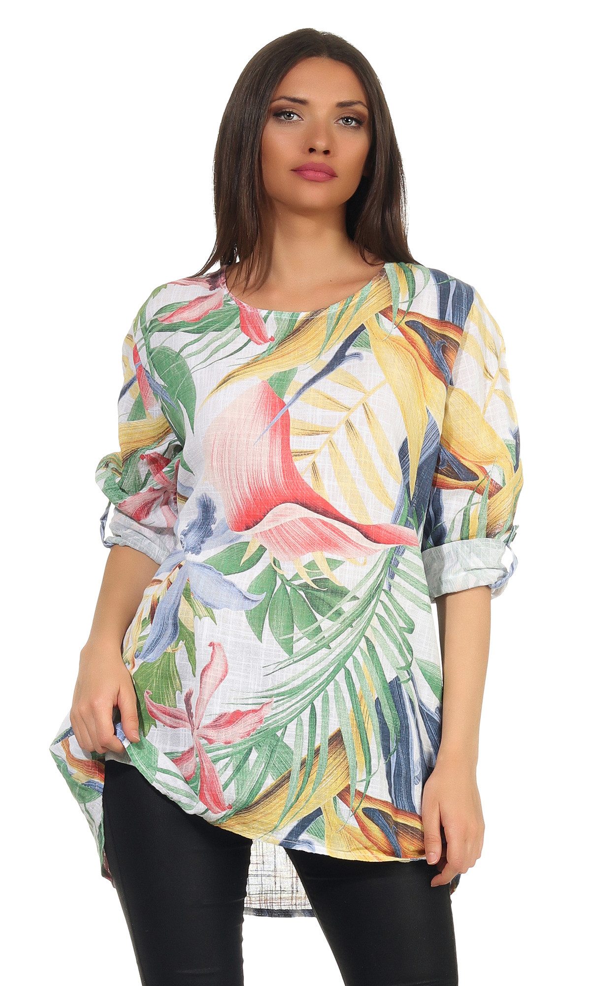 3/4-Arm-Shirt Damen-Bluse 100 % Baumwolle mit tropischem Print