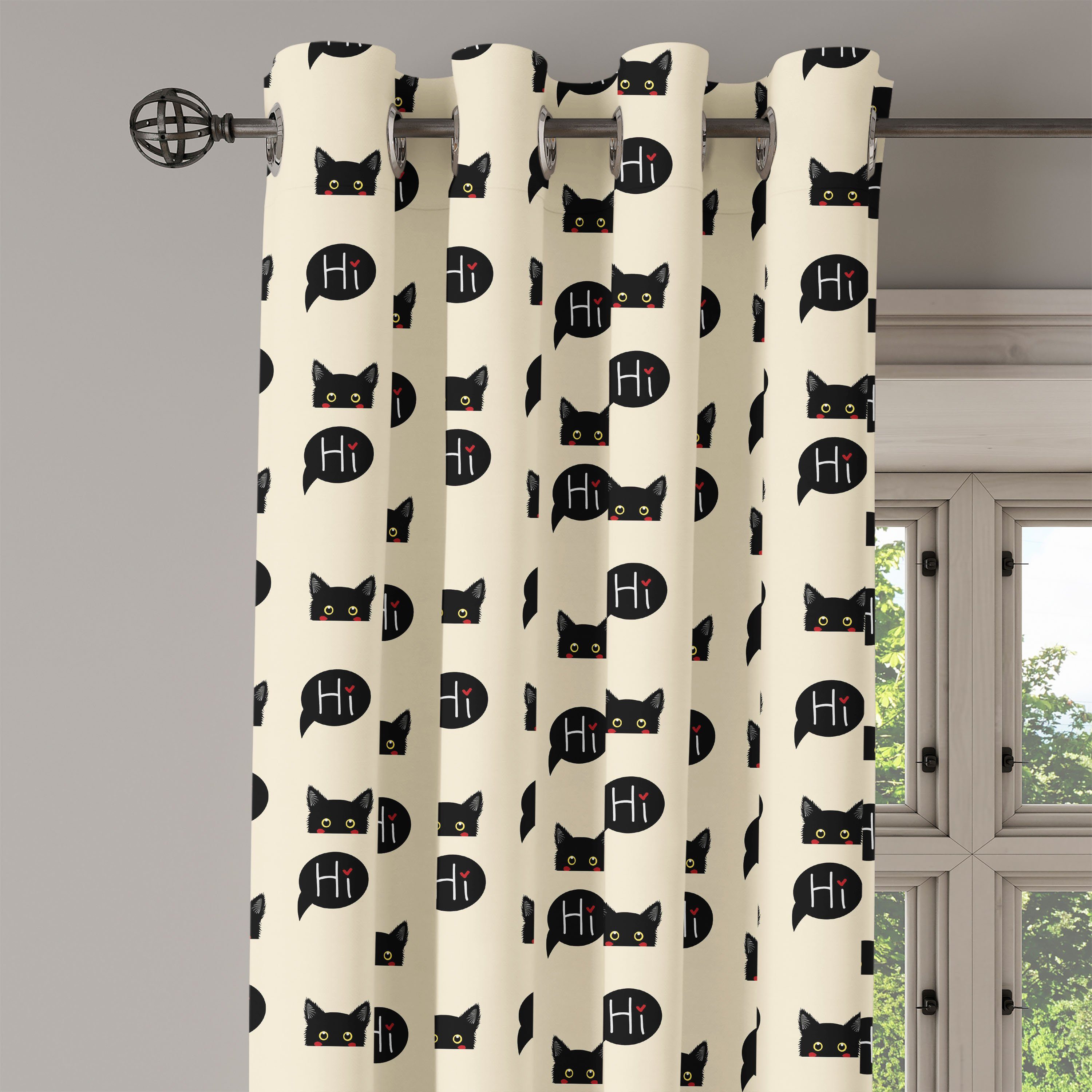 Gardine Dekorative Abakuhaus, Wohnzimmer, sagt Schwarz Hallo Kitties für Schlafzimmer Katze 2-Panel-Fenstervorhänge