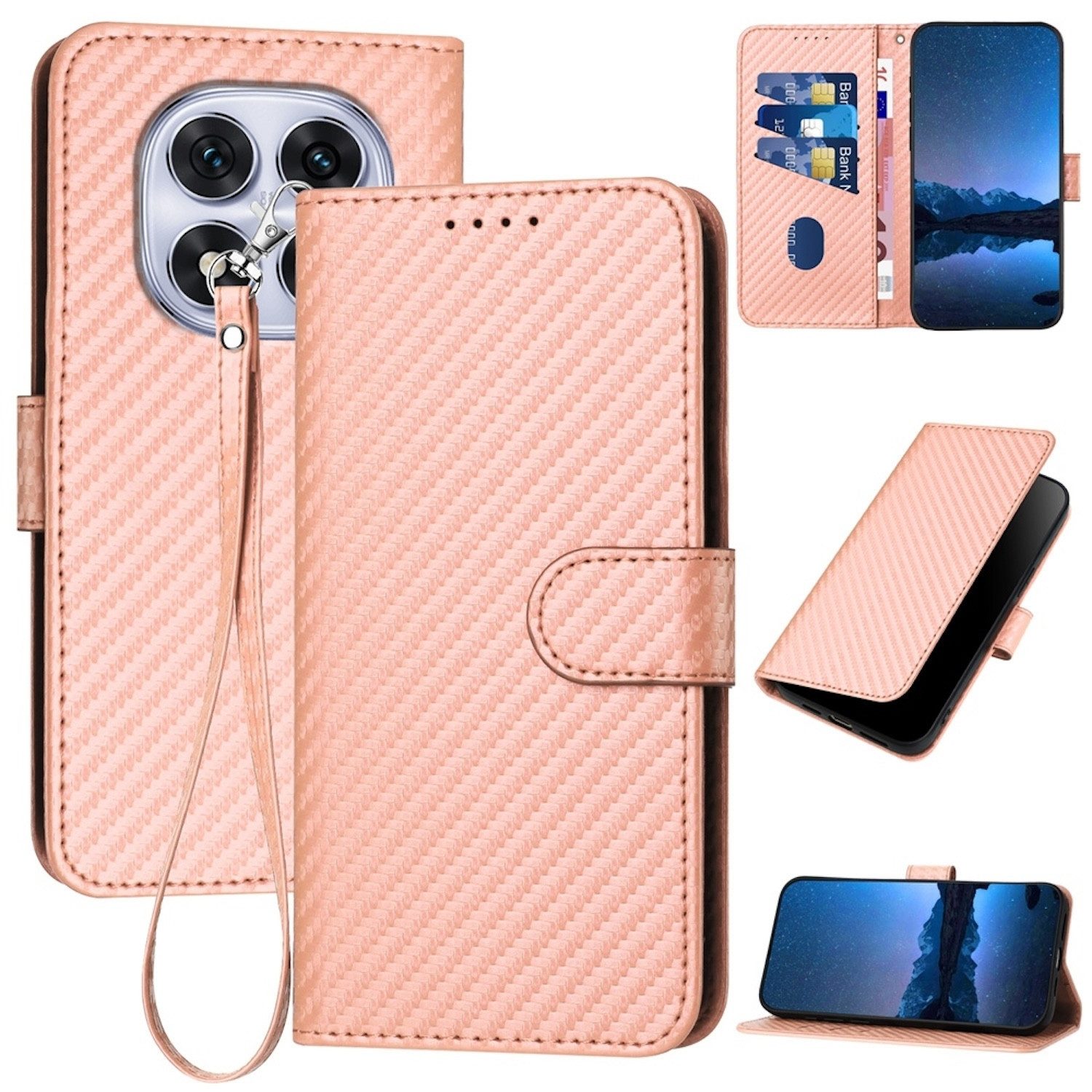 Wigento Handyhülle Für Xiaomi Redmi Note 14 Pro 5G Carbon Fiber Kunstleder Hülle Rosa, Carbon-Optik Hülle mit Kartenfach und Standfunktion