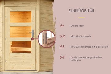 Karibu Saunahaus Fiete, BxTxH: 196 x 196 x 226 cm, 38 mm, (Set) moderne Tür, Ofen 9 kW Bio externe Strg easy