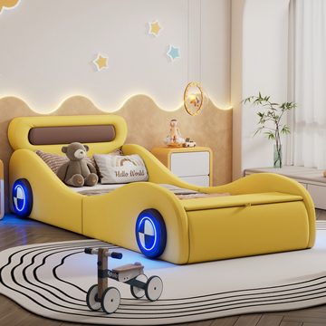 MODFU Kinderbett Einzelbett in Form eines Autos mit leuchtenden Rädern und Stauraum (Polsterbett, Kunstleder 90x200cm), ohne Matratze