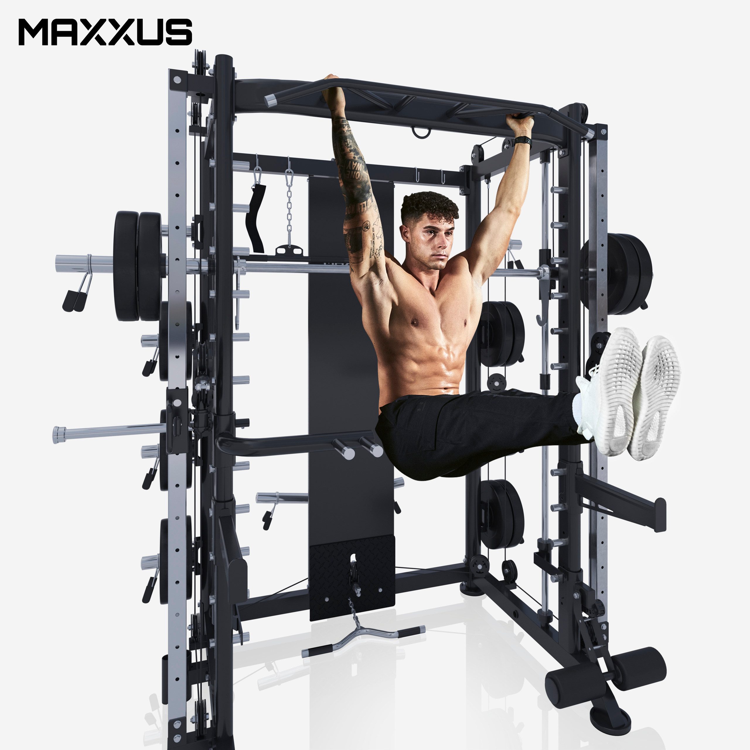 MAXXUS Multipresse 10.1 Kraftstation, Power Rack, Smith Machine, Multistation, Power Cage, (1-tlg), mit Hantelbank, Klimmzug, bis 300 kg, Dip-Station, Kabelzug, Latzug