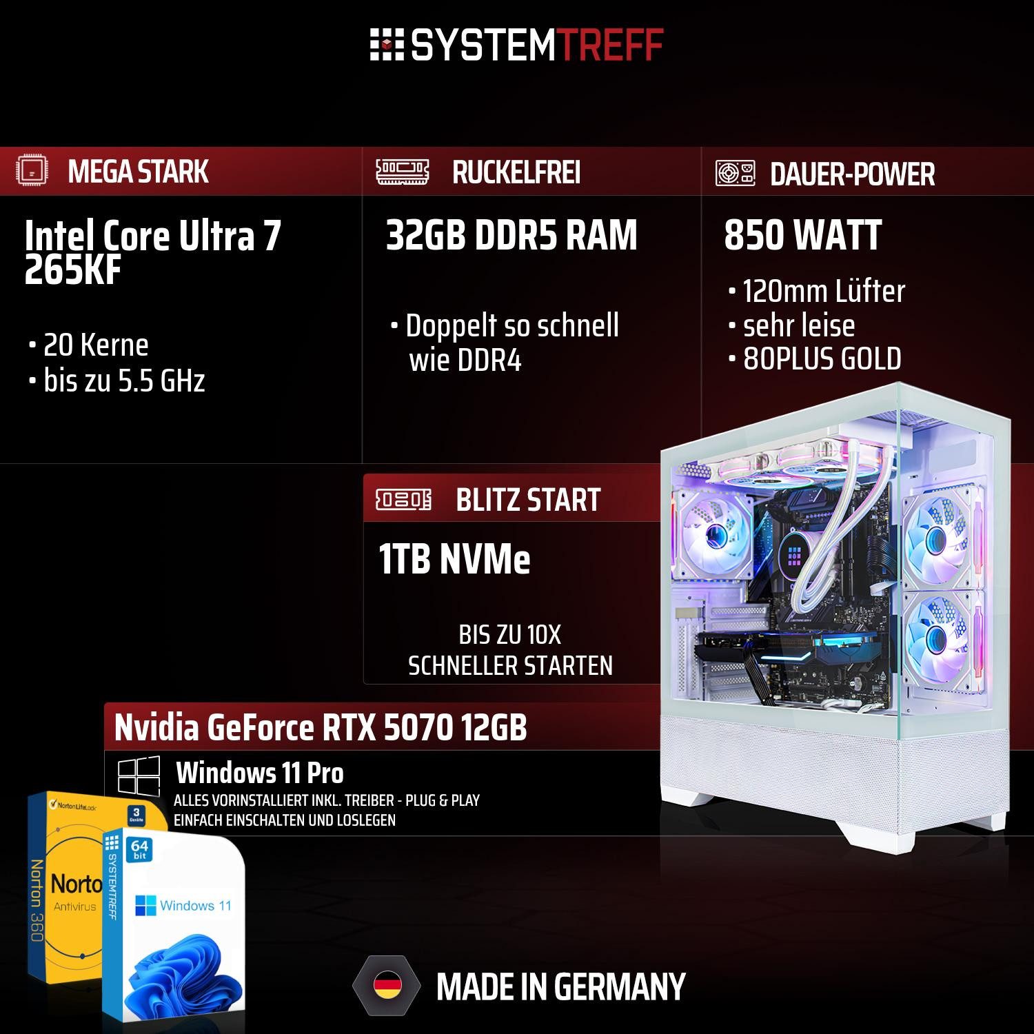 SYSTEMTREFF Intel Core Ultra 7 265KF mit Nvidia GeForce RTX 5070 12GB Gaming-PC (Intel 265KF 265KF, Nvidia GeForce RTX 5070, 32 GB RAM, 1000 GB SSD, Wasserkühlung)