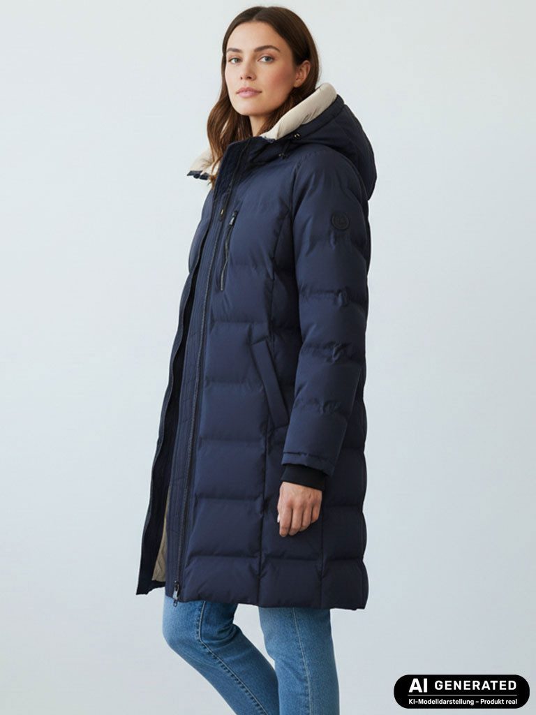 BLUE FLAME Steppmantel 60342 Damen Steppjacke Lang mit Kapuze und Chintzfutter