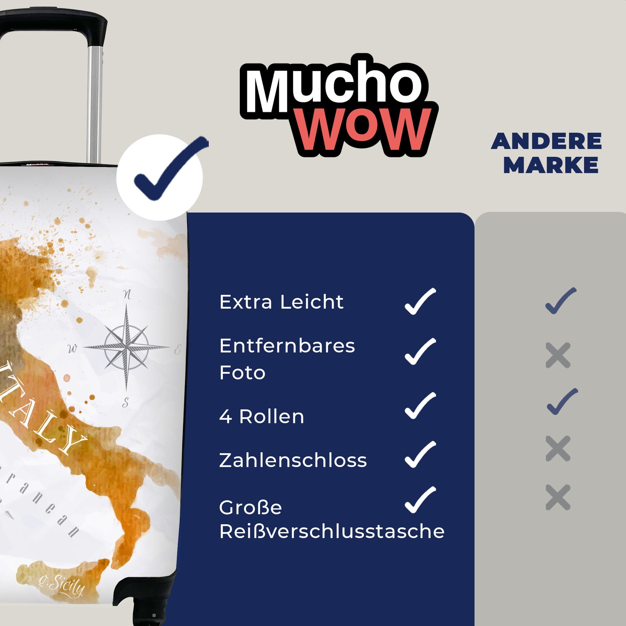 MuchoWow Handgepäckkoffer Weltkarte 4 Handgepäck mit Trolley, Farbe Reisetasche - für - Ferien, Italien, Rollen, Reisekoffer rollen