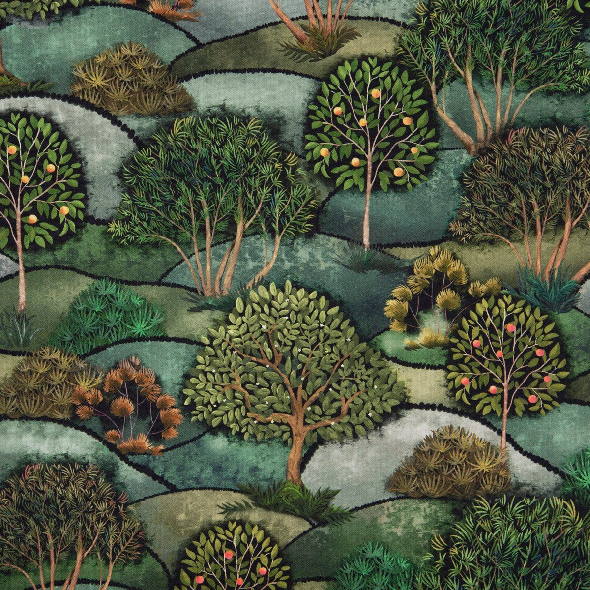 Stoff Dekostoff Halbpanama Baumwolle Wald Bäume Landschaft grün 1,40m