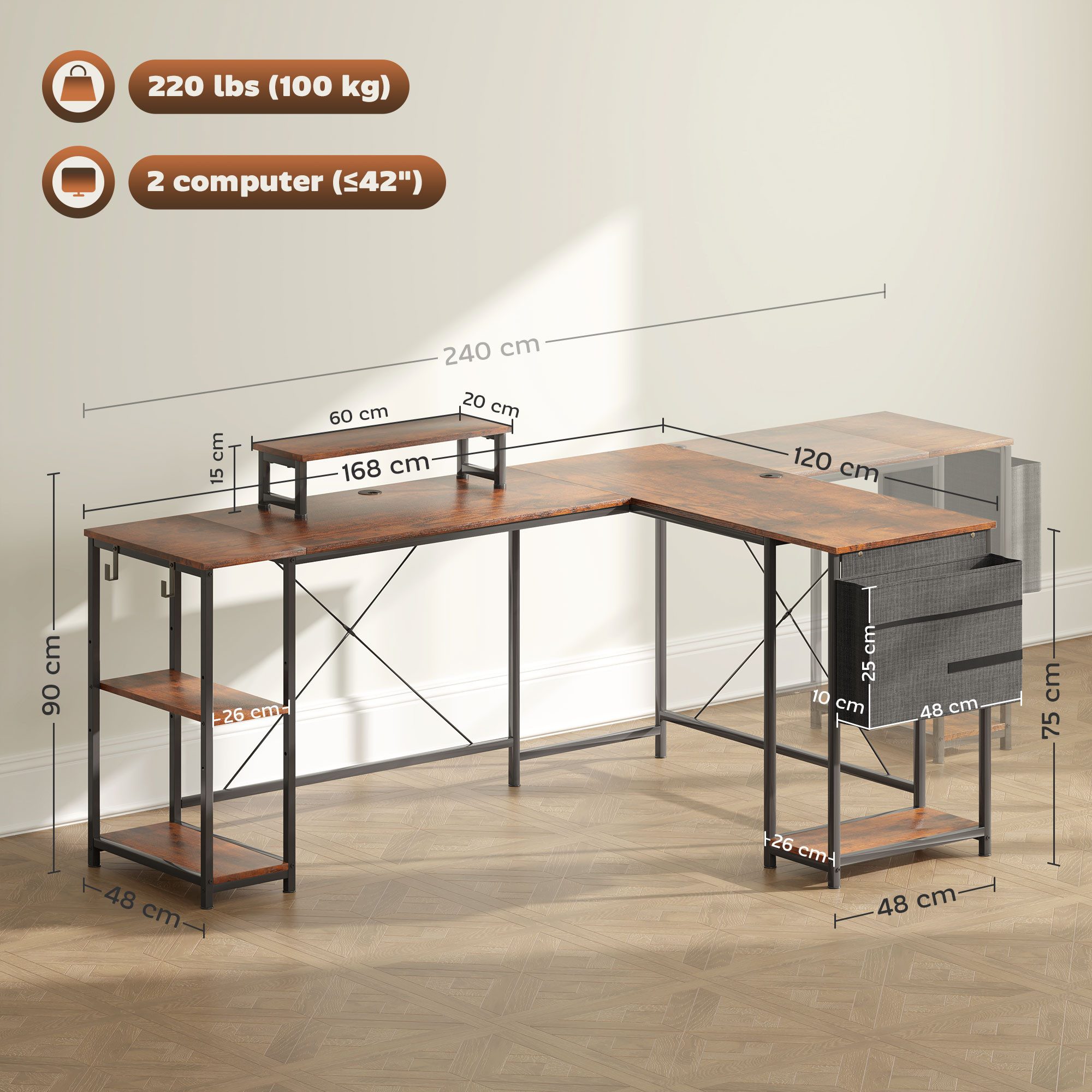 HOMCOM Schreibtisch Eckschreibtisch 168 x 120 cm mit Ablagefächern, Aufbewahrungstasche (Umkehrbar Computertisch mit Monitorständer, 1-St., GamingTisch), für Büro, Heimbüro, Rustikal-Braun