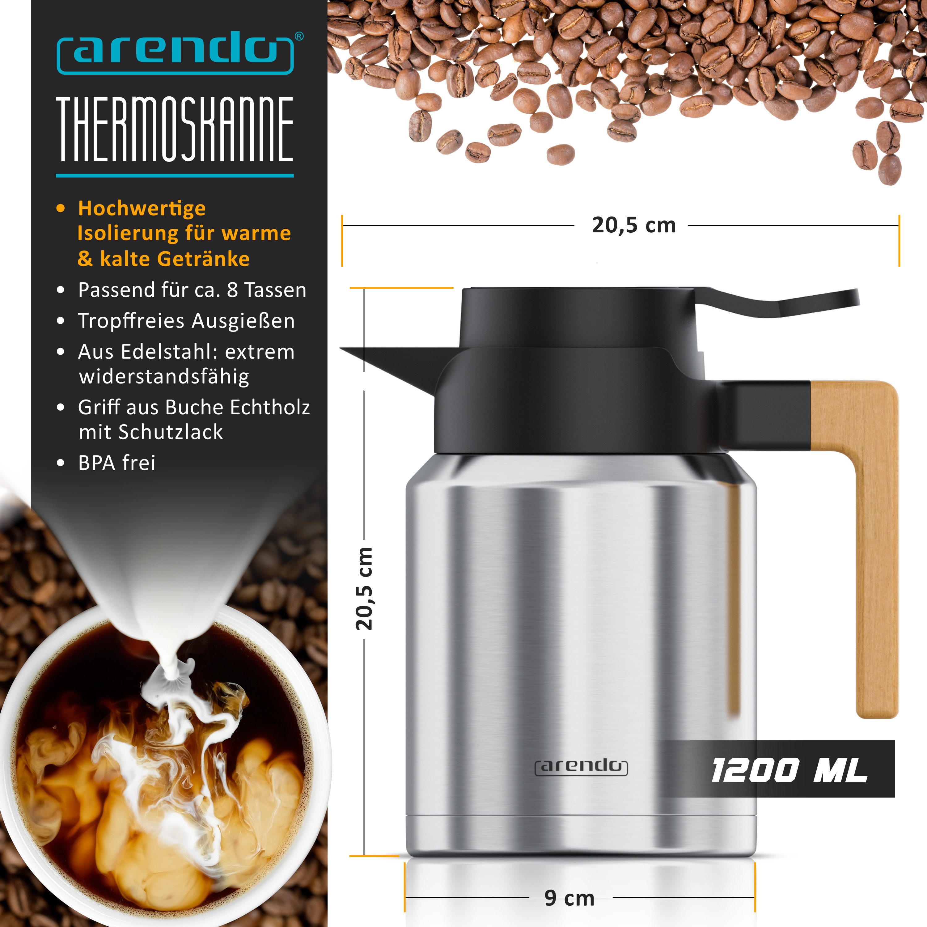 Arendo Isolierkanne Thermoskanne 1,2L Edelstahl mit Holzgriff, doppelwandig, auslaufsicher, 1,2 l, (1-St), 1200 ml, abnehmbarer Deckel, Quick-Tip-Verschluss, BPA-frei