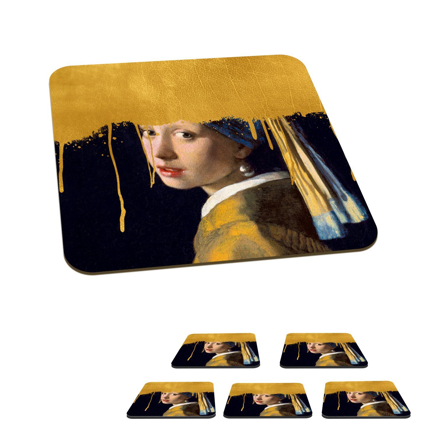 MuchoWow Glasuntersetzer Mädchen mit einem Perlenohrring - Gold - Vermeer, Zubehör für Gläser, 6-tlg., Glasuntersetzer, Tischuntersetzer, Korkuntersetzer, Untersetzer, Tasse
