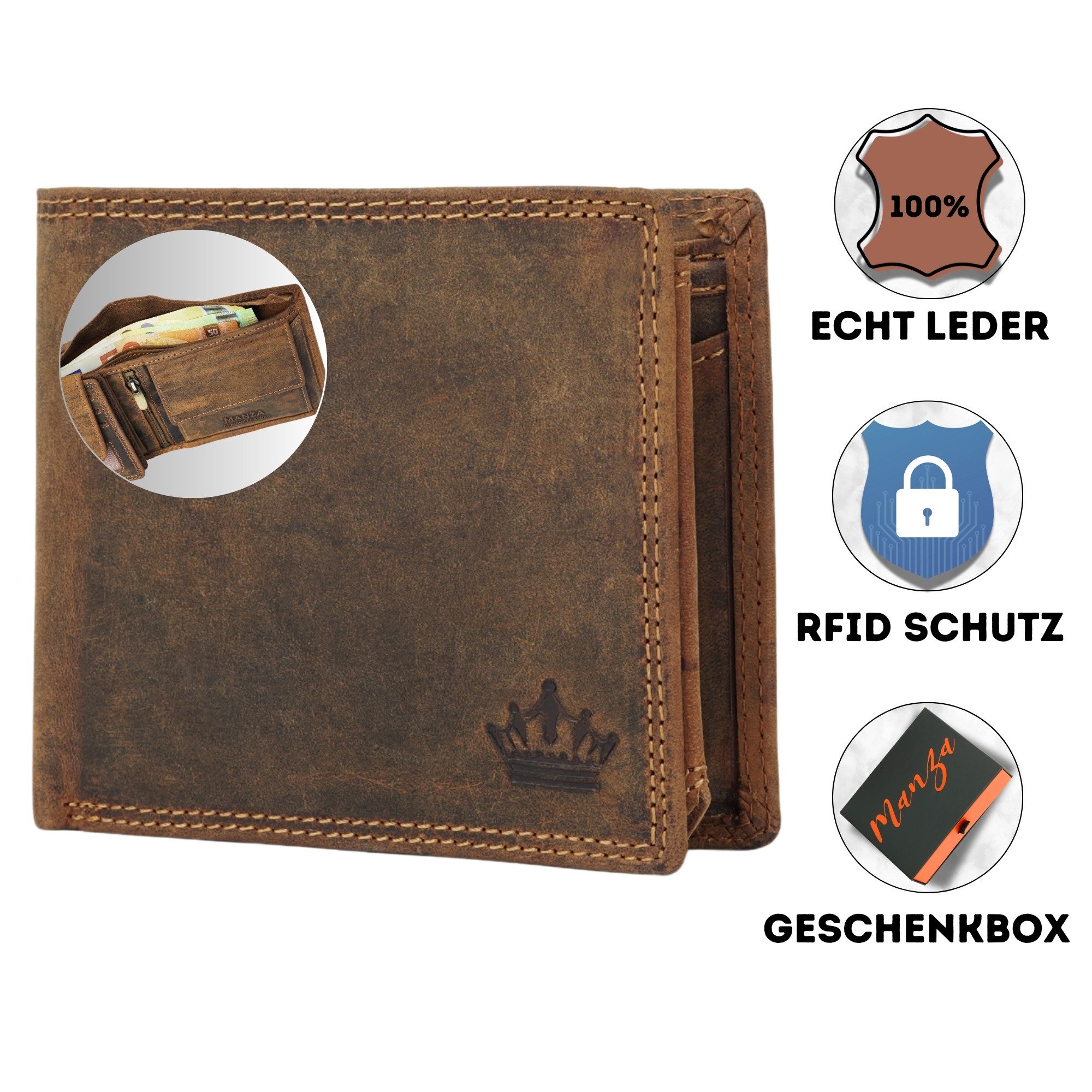 Manza Geldbörse Geldbörse Herren Braun mit RFID, Geheimfach und Geschenkbox, Geschenkbox, Geheimfach und RFID Blocker