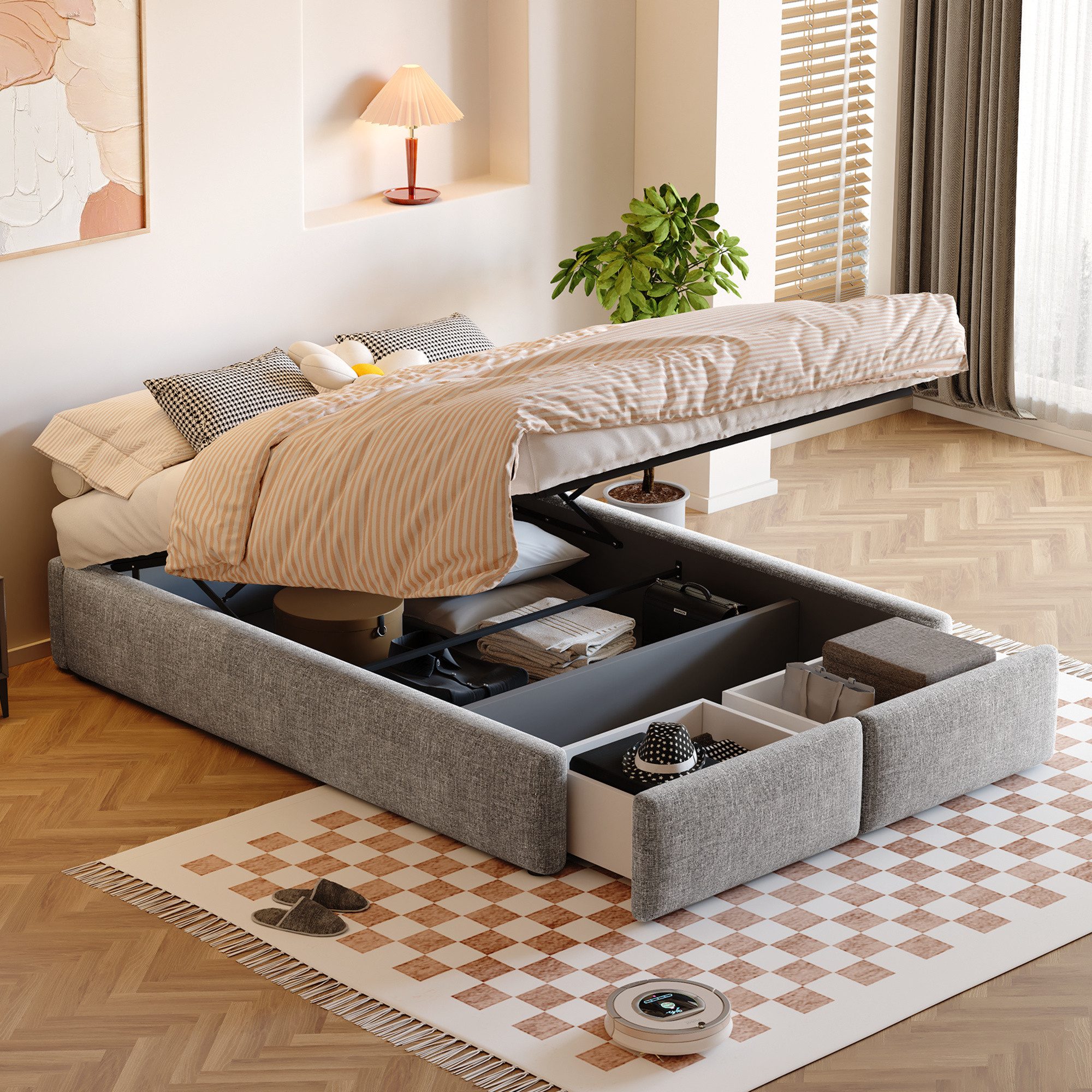 Furnishings Home Futonbett Polsterbett Stauraumbett Doppelbett (Hydraulisch anhebbarer Bettstauraum), Mit 2 Schubladen, Bettkasten, Lattenrost, Leinen, 160x200 cm