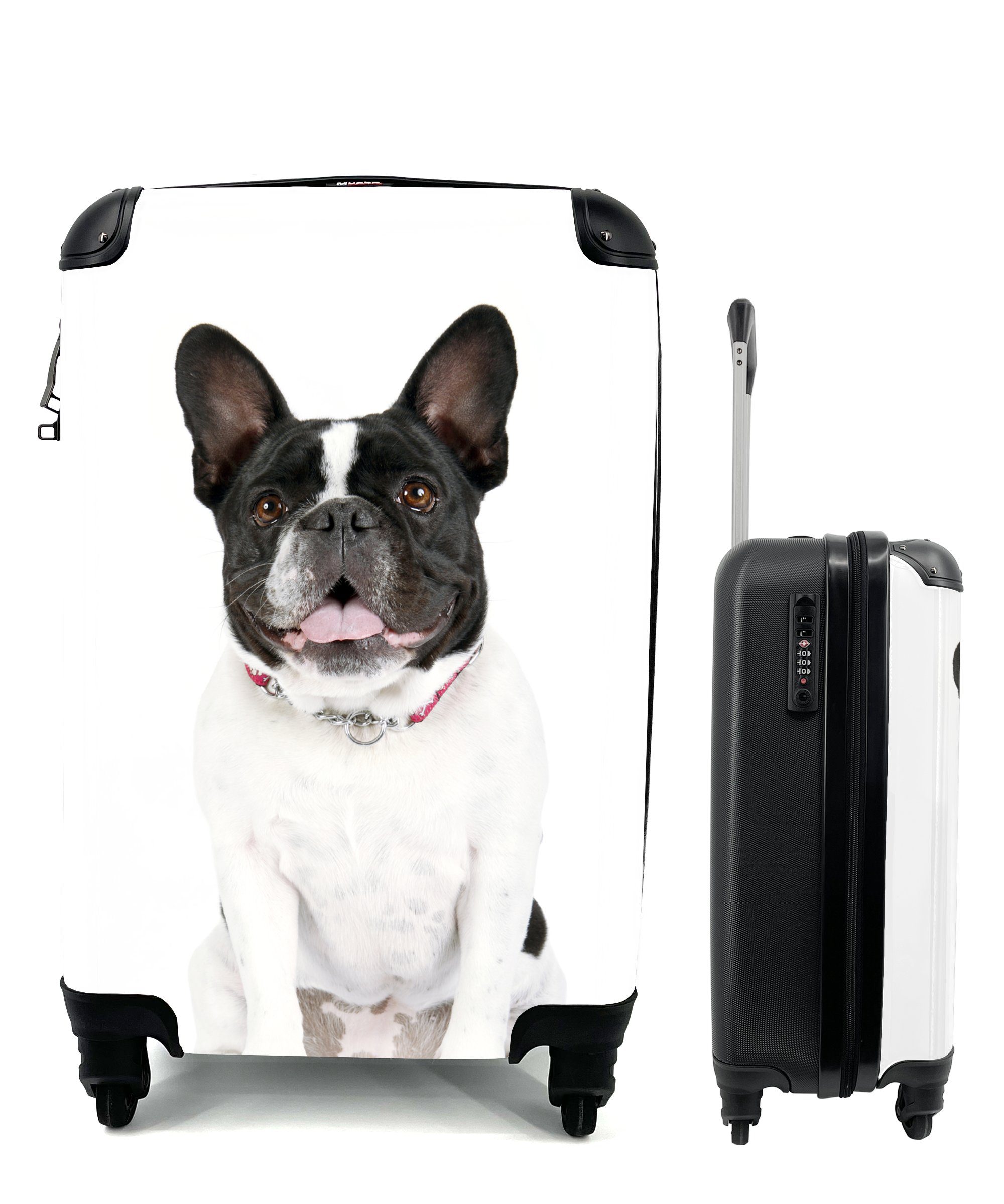 MuchoWow Handgepäckkoffer Französische Bulldogge - Schwarz - Weiß, 4 Rollen, Reisetasche mit rollen, Handgepäck für Ferien, Trolley, Reisekoffer