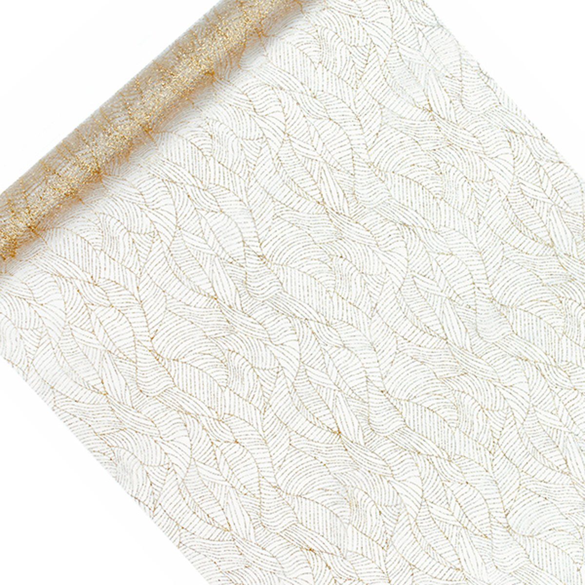 SCHÖNER LEBEN. Tischläufer Deko Tischband Organza bedruckt Blätter weiß gold 0,48x9m | Tischläufer