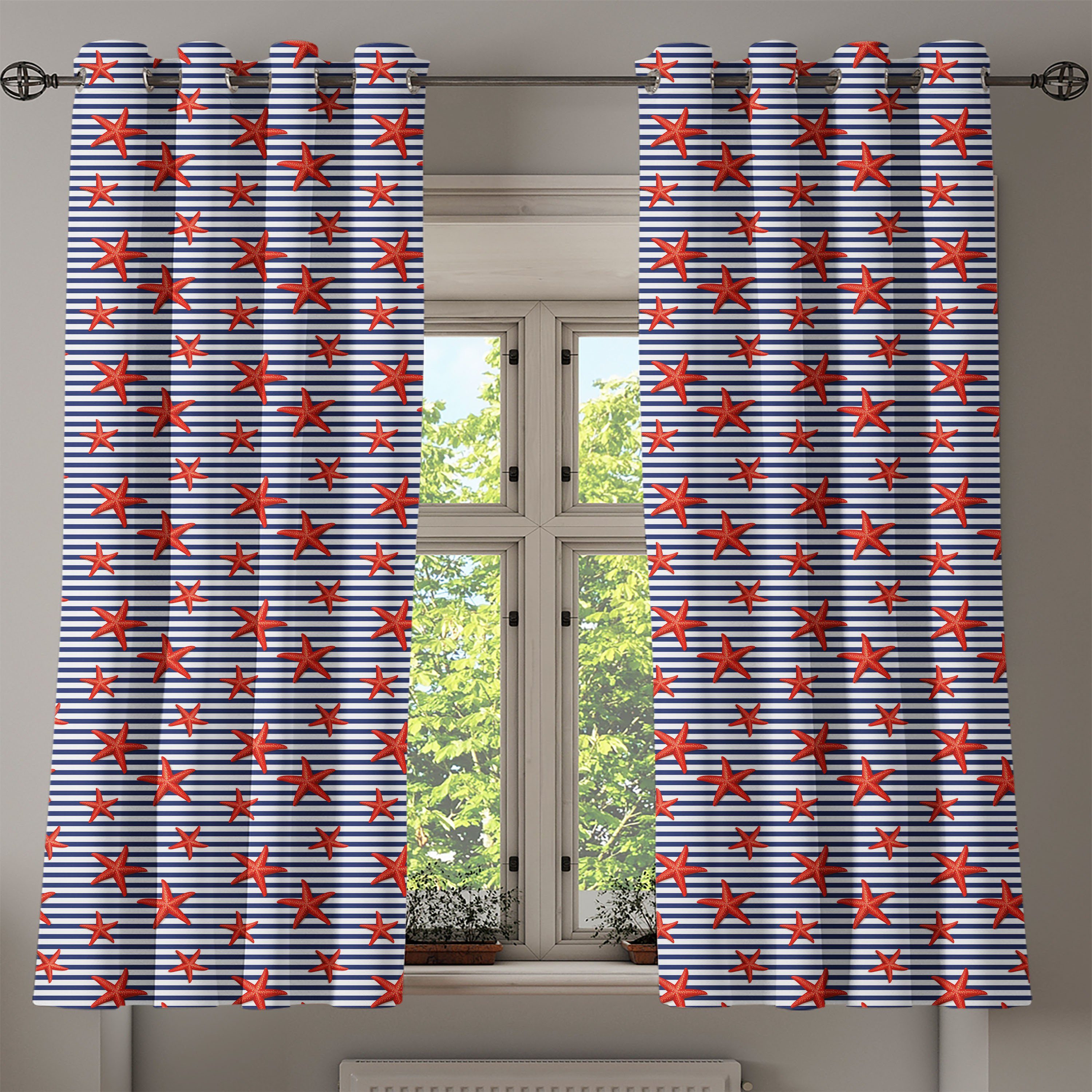 Maritime Wohnzimmer, Seestern Themed Muster für Gardine 2-Panel-Fenstervorhänge Abakuhaus, Schlafzimmer Dekorative