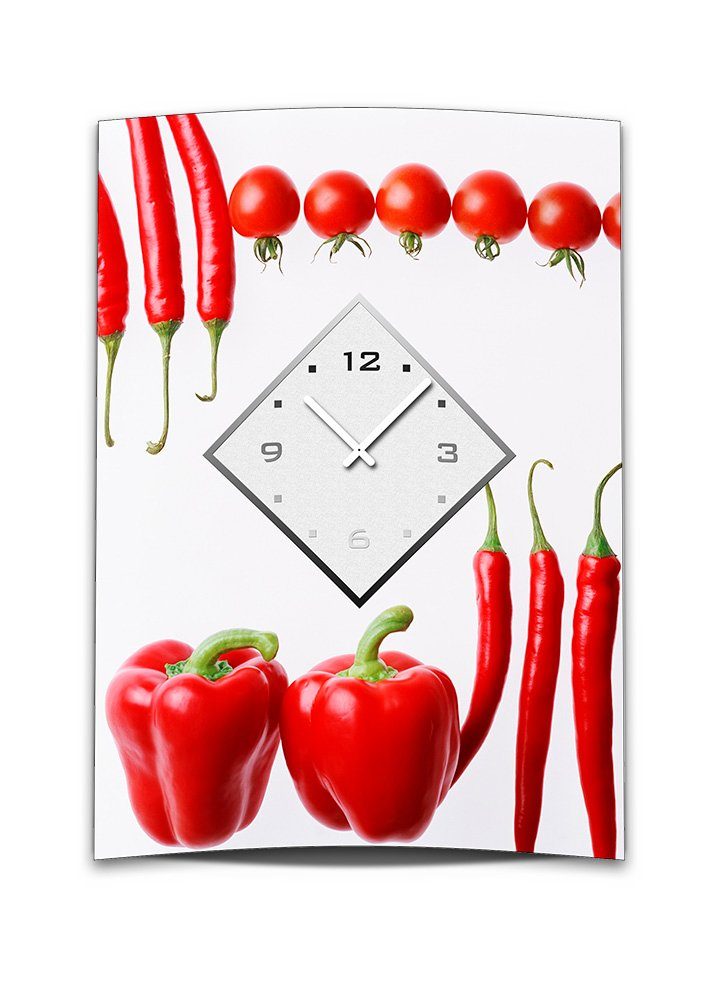 dixtime Wanduhr Wanduhr XXL 3D Optik Dixtime Tomate Paprika Chili 50x70 cm leises (Einzigartige 3D-Optik aus 4mm Alu-Dibond)