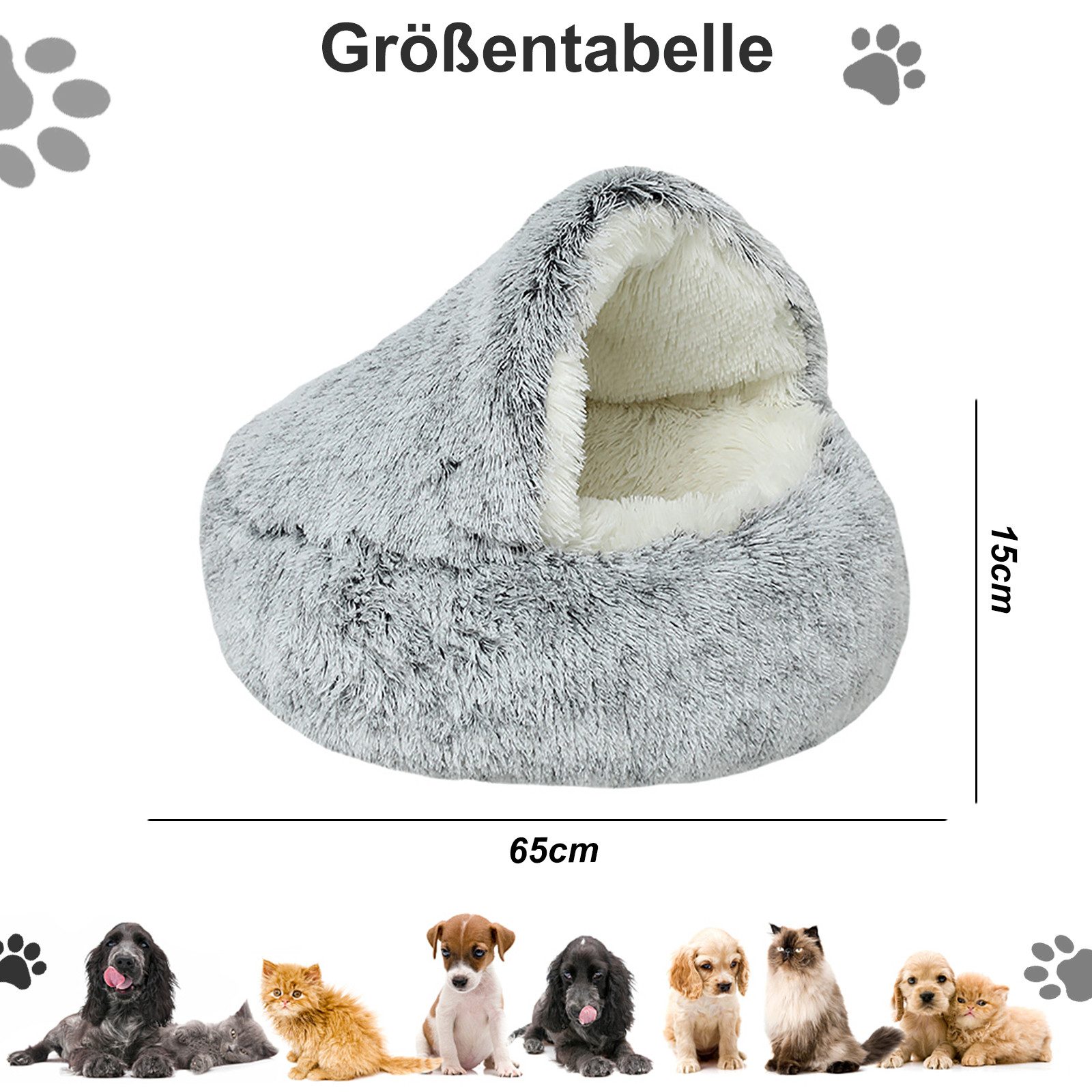 CALIYO Tierbett Flauschiges Katzenbett, rund, weiches Plüsch, Höhle mit Kapuze, Kunstpelz, Rutsch- und wasserdichte Unterseite