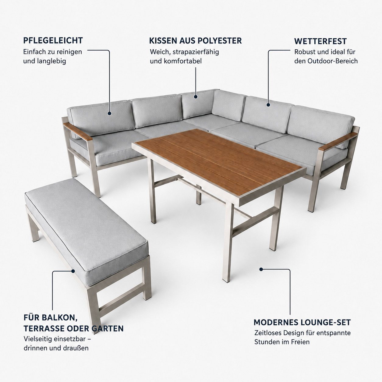 Greemotion Gartenlounge-Set Miami Stahl grau mit Esstisch Bank, (5-tlg), inkl. Kissen