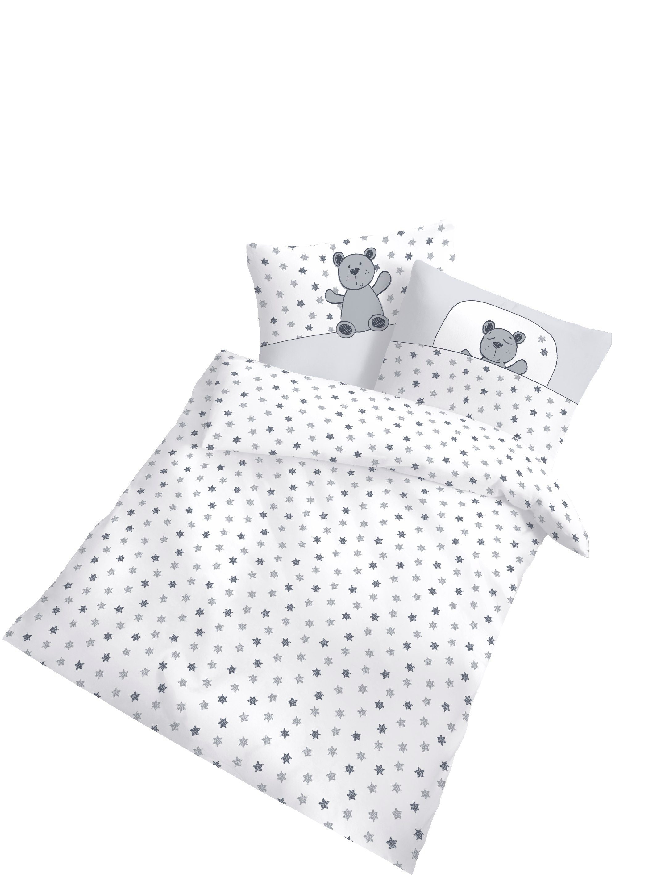 DOBNIG Babybettwäsche Renforcé Kinderbettwäsche 2tlg. 100x135 cm Bärchen grau Sterne, Renforcé, 2 teilig, Bären-Design Sternenmuster gemütliche Schlafmomente herbst winter