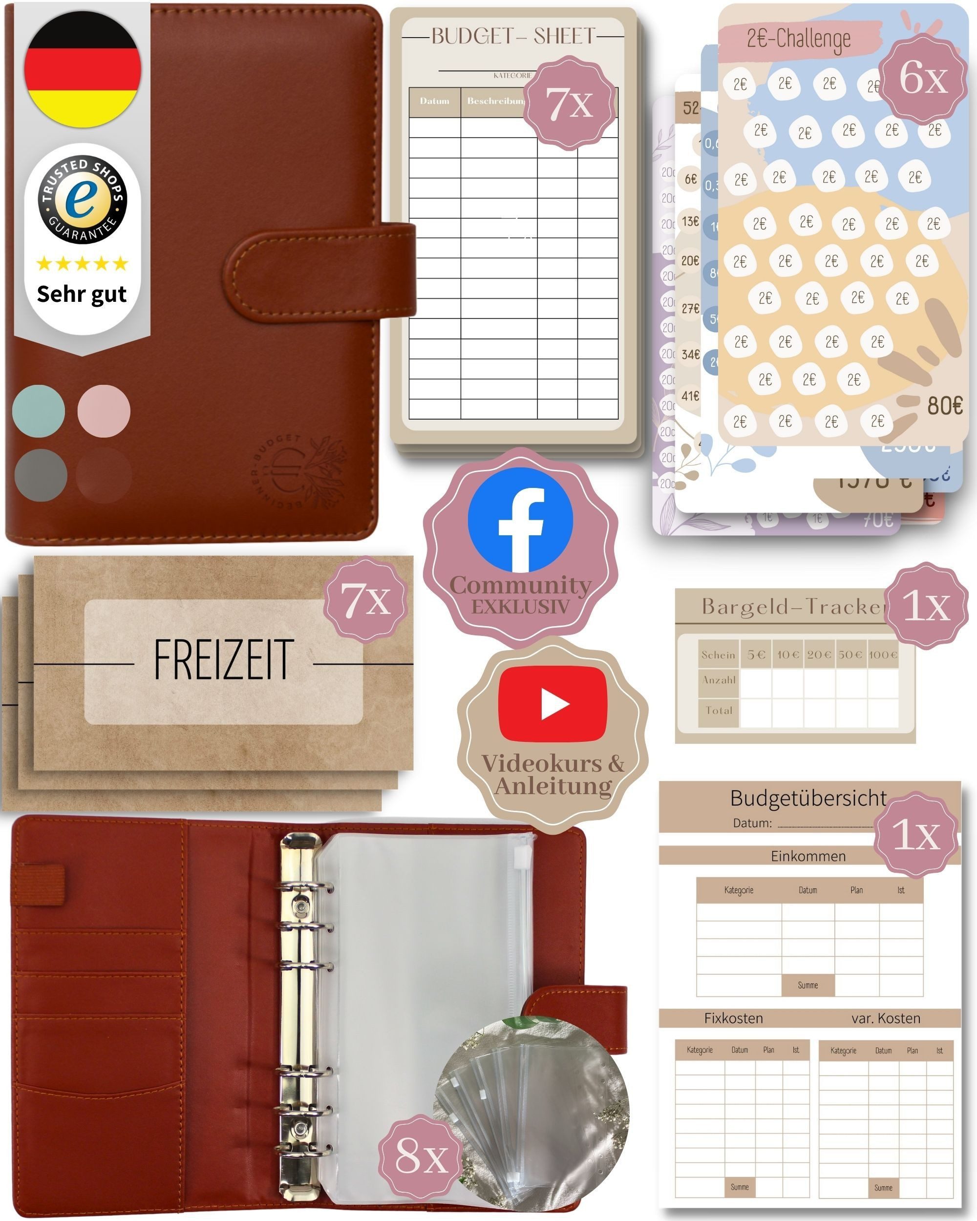 BeginnerBudget Ringbuchmappe Budgetplaner Starter-Set Sparbuch zum Geld Sparen + Spar-Challenges, Sparen mit Umschlagmethode + Anleitung - Ringbuch - Binder A6