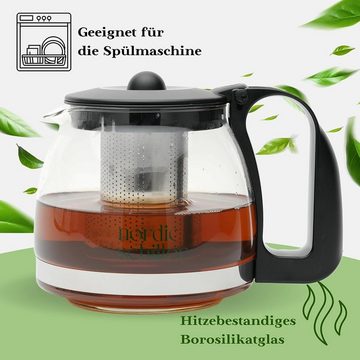 Nordic Schiller Teekanne Premium Teekanne Glas, Hitzebeständig Glaskanne mit Siebeinsatz, 1.25 l, Hitzebeständig Glaskanne mit Deckel, geeignet für Spülmaschine