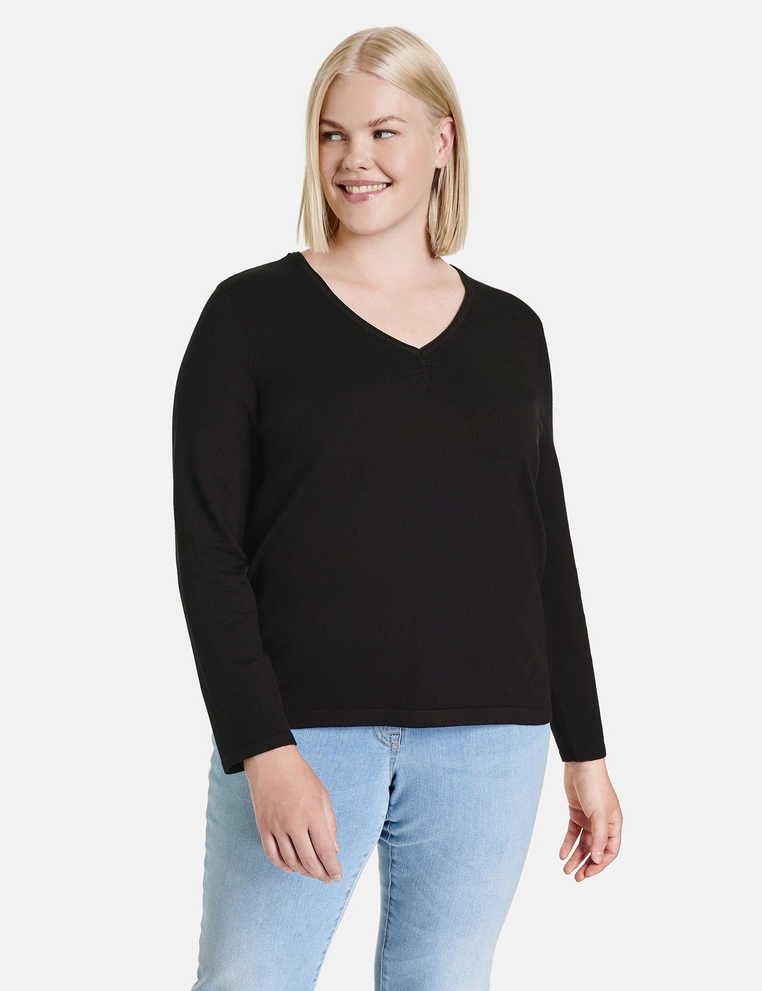 Samoon Rundhalspullover Basic Pullover mit V-Ausschnitt Black | Strickpullover