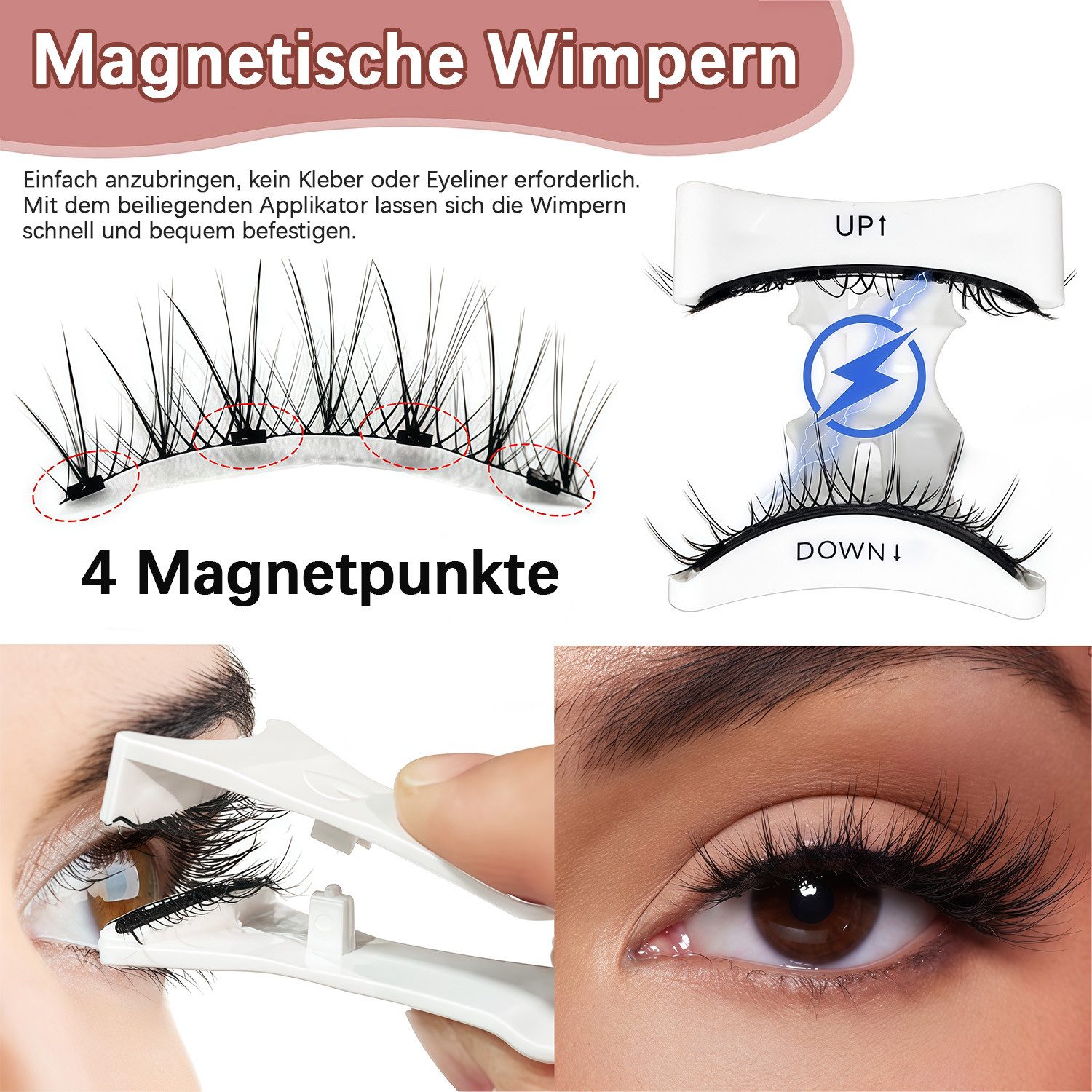 MOPUEA Magnetwimpern Magnetische Wimpern Natürlich Magnetic Lashes Wiederverwendbar, Set, 16 tlg., 8 Paare Magnetwimpern Mit Applikator
