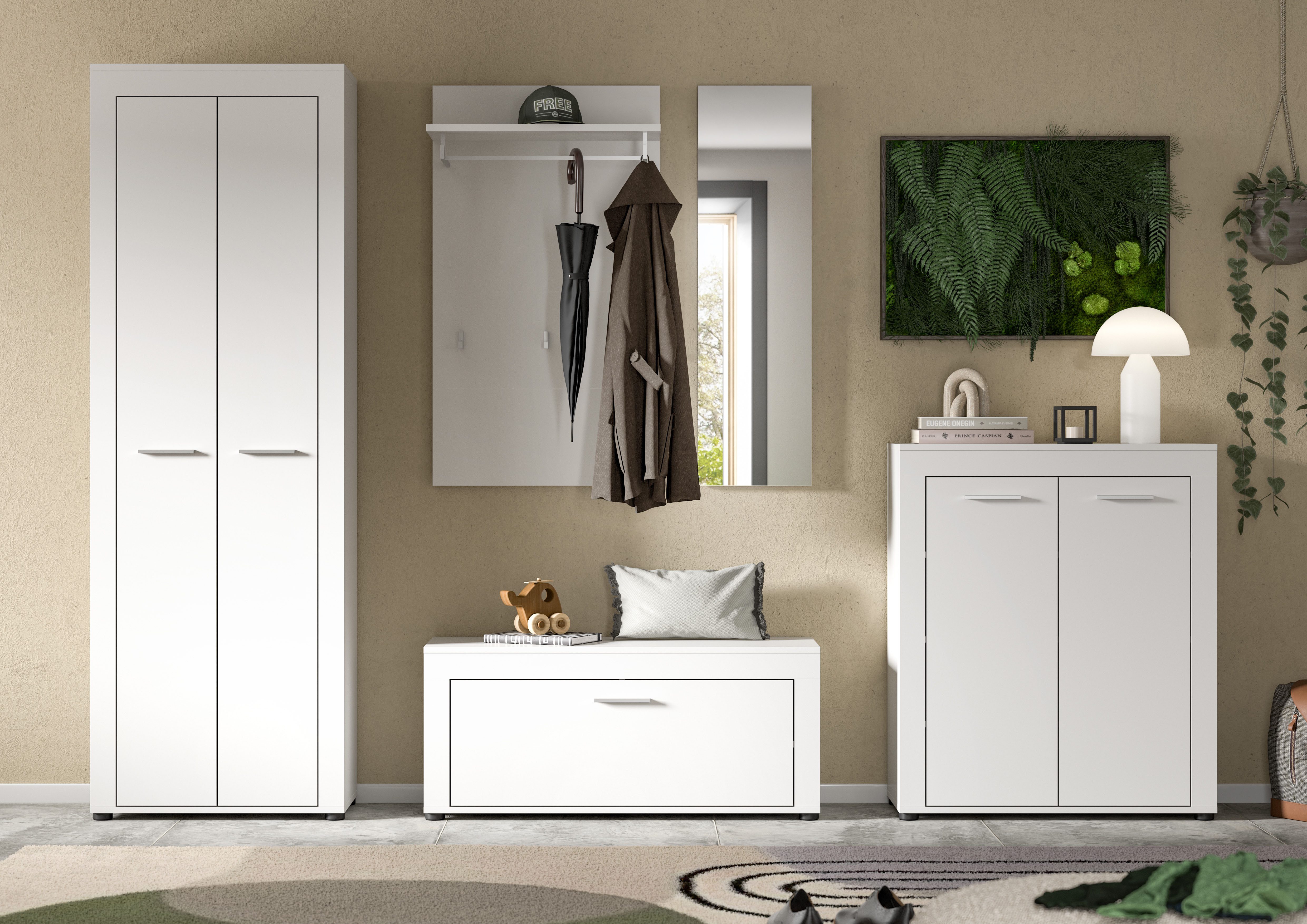 OTTO home Garderoben-Set AOSTA, Breite 285cm, 5-teilige Garderobenkombination, (Set, 5-St., bestehend aus: Garderobenschrank, Sitzbank, Paneel, Spiegel & Kommode), Flurkombination, Kombination, Garderobe, Dielen-Set, Garderobenmöbel