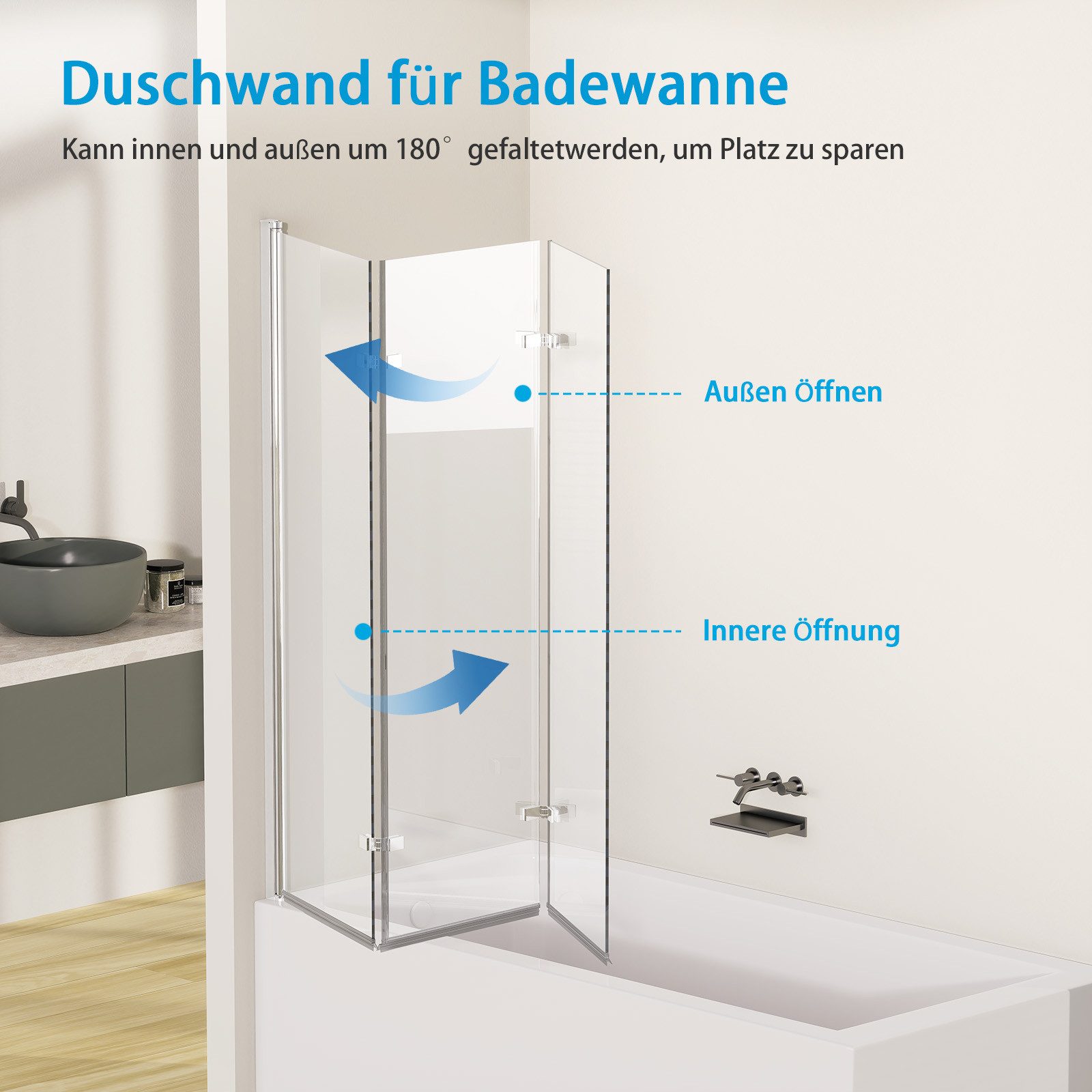 MEYKOERS Badewannenaufsatz 3-teilig Faltbar Duschabtrennung Badewanne Faltwand Duschwand, Sicherheitsglas, (120 x 140 cm, 130 x140 cm), Aluminium Wandprofil Chrom, Einscheibensicherheitsglas, Wasserdicht