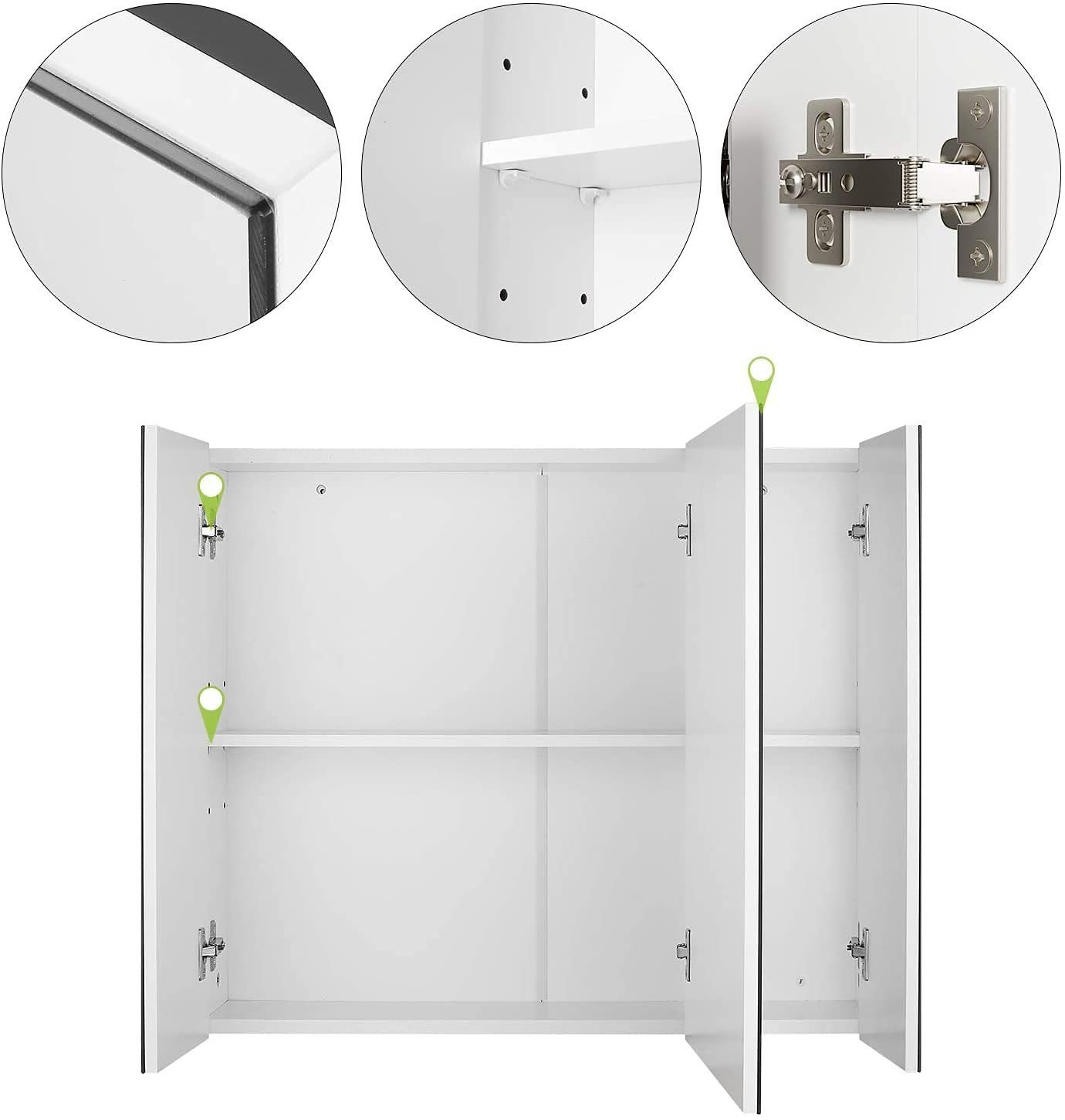 Homfa Spiegelschrank Badezimmerschrank mit 3 70x60x15cm, Türen, Holz Weiß