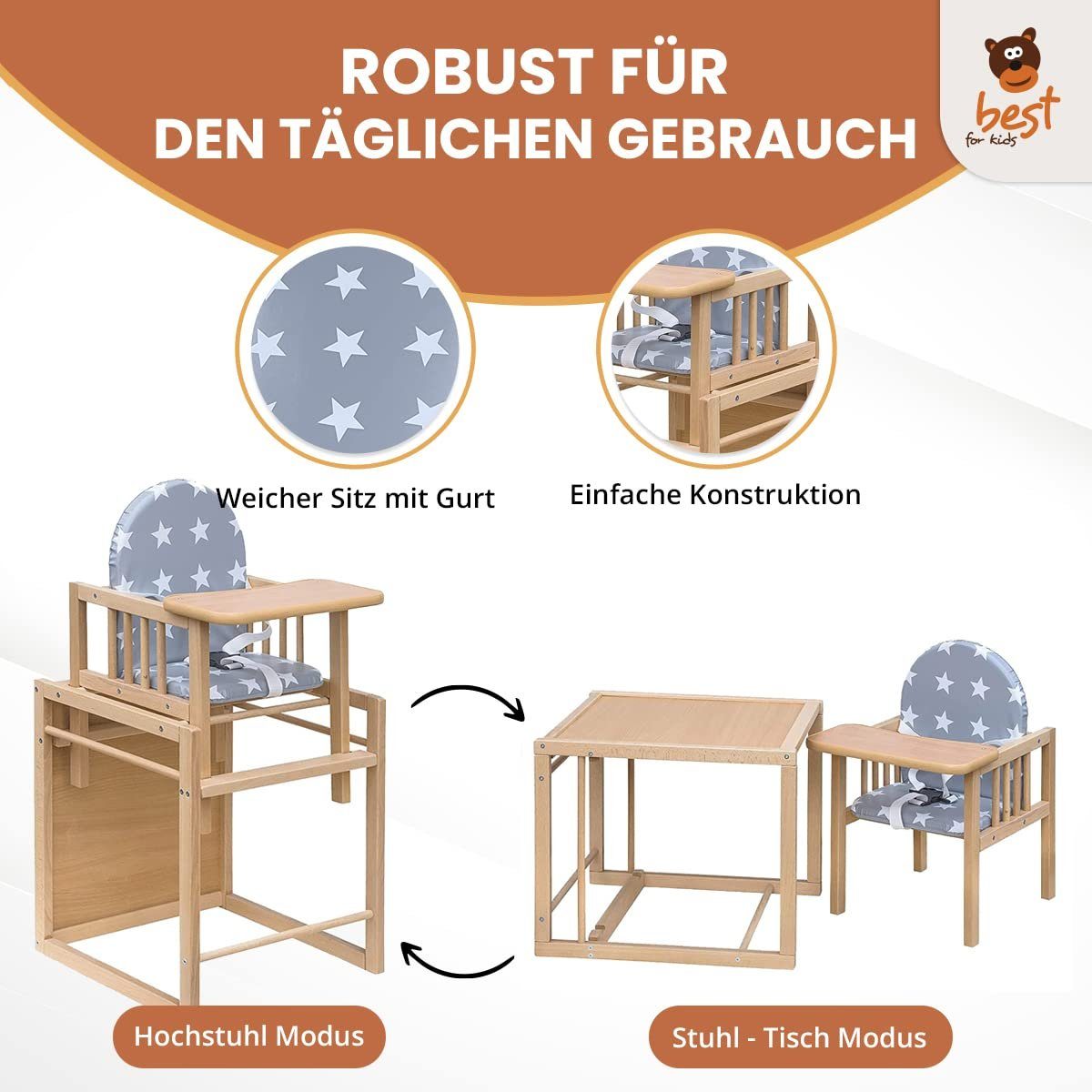 Best for Kids Kombihochstuhl Victoria, zur umbaubar leicht Stuhl-Tisch-Kombination