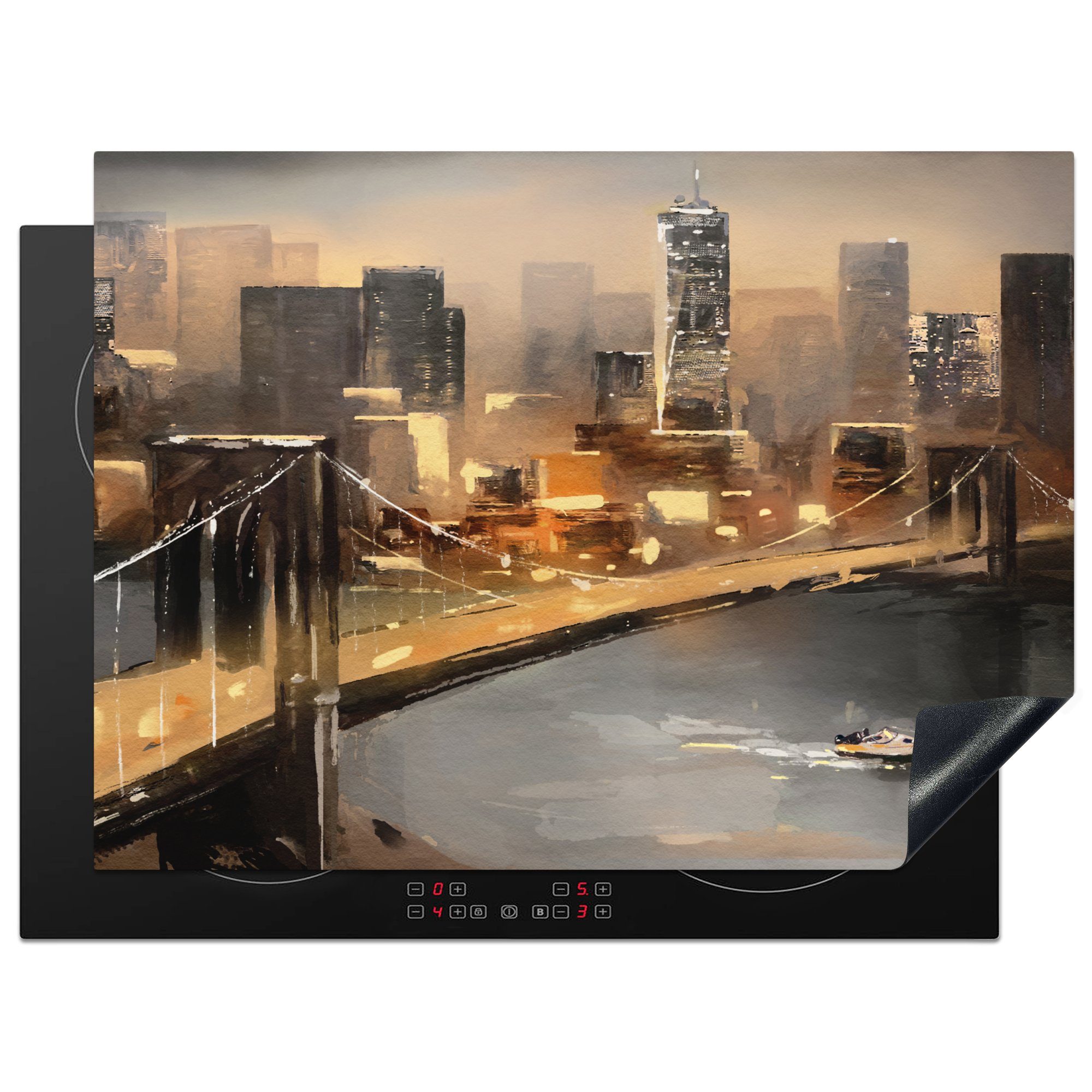MuchoWow Herdblende-/Abdeckplatte Gemälde - Öl - Skyline - Stadt - Wasser, Vinyl, (1 tlg), 70x52 cm, Mobile Arbeitsfläche nutzbar, Ceranfeldabdeckung
