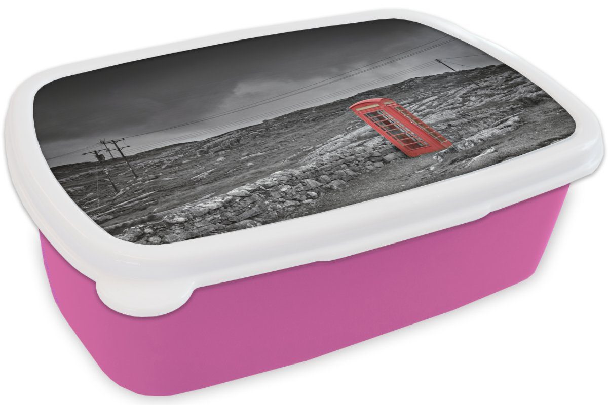 MuchoWow Lunchbox Brotbox Telefonzelle, für Kunststoff, (2-tlg), rosa einer Brotdose Mädchen, Kinder, Kunststoff Schwarz-Weiß-Foto Snackbox, Erwachsene, britischen