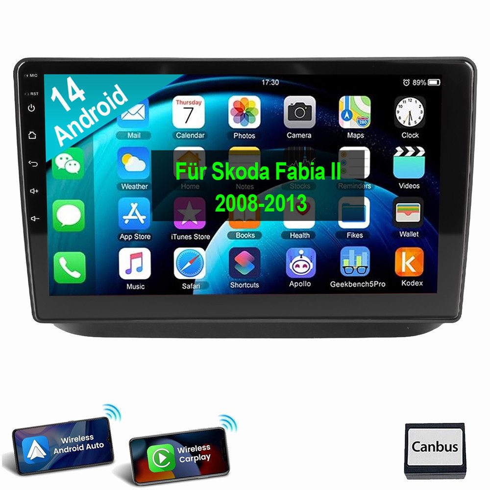 ESSGOO Für Skoda Fabia II 2008-2013 Carplay Android 14 Autoradio Autoradio (FM, AM, RDS, 4+64GB optional, Carplay Android Auto Bluetooth EQ USB WIFI Touchscreen SWC)