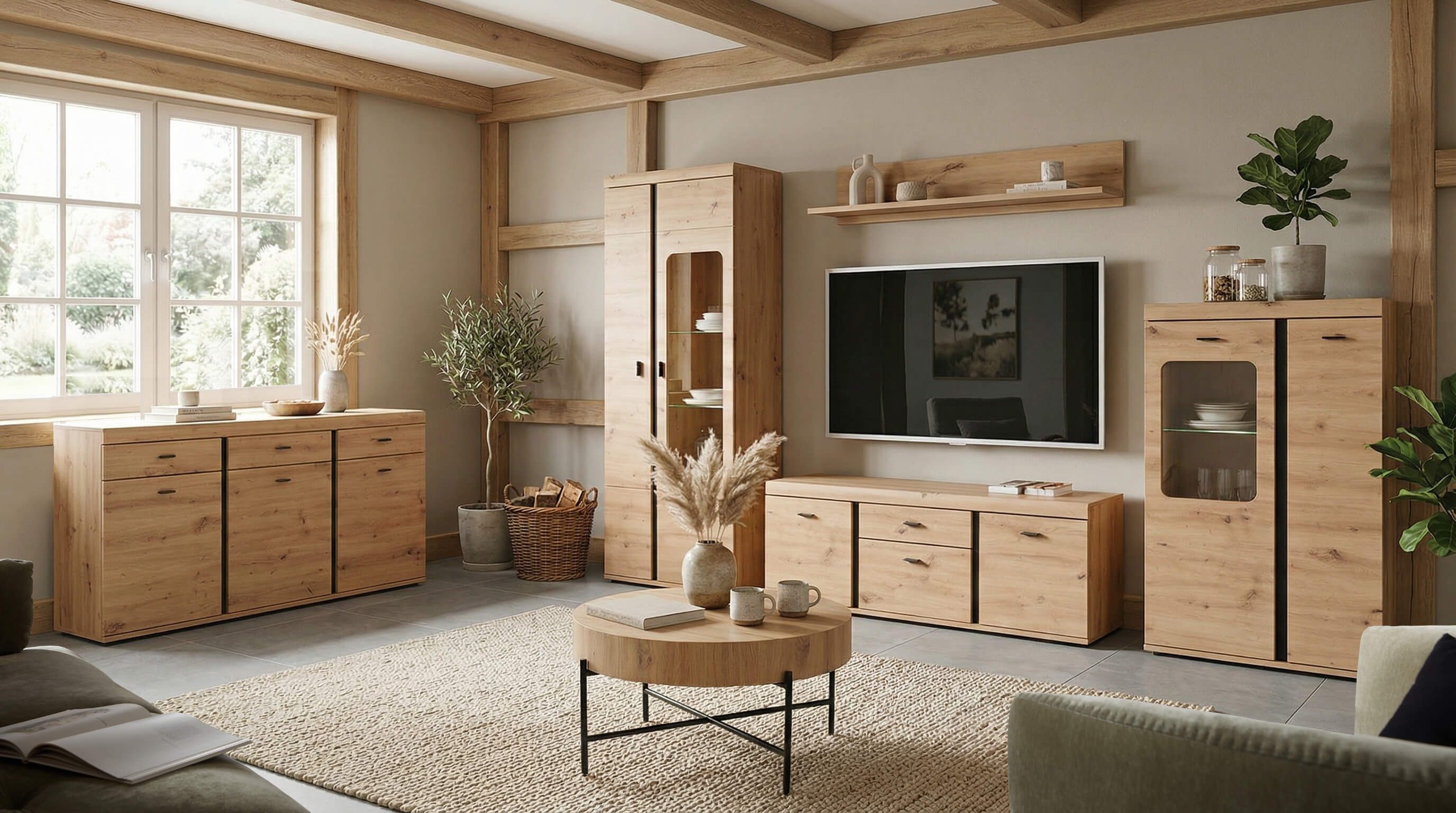 moebel-dich-auf Wohnwand KOS, (in Artisan Eiche, Vitrine + Wandboard + Lowboard + Stauraumelement), Softclose, inkl. LED-Beleuchtung