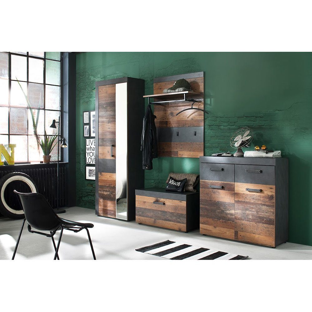 trendteam Garderoben-Set, (4-St), Garderobenmöbel-Set Garderoben-Kombi Kommode Braun/Grau 265x192x37cm