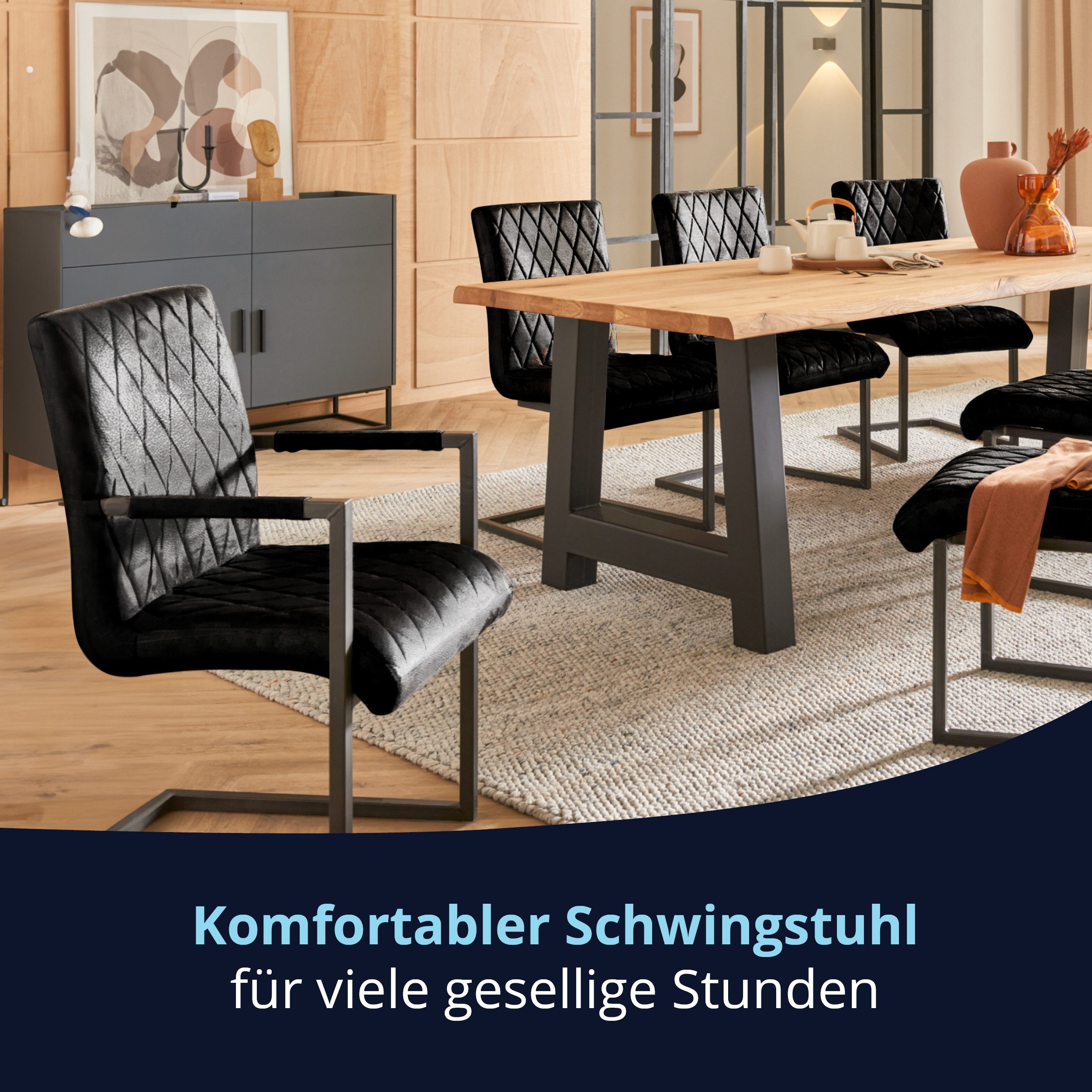 KHG Freischwinger Esszimmerstuhl Leder Schwarz, bis 110 kg belastbar, Vintage Stil, gepolstert, Nosag-Wellenfederung, Metallgestell Schwarz