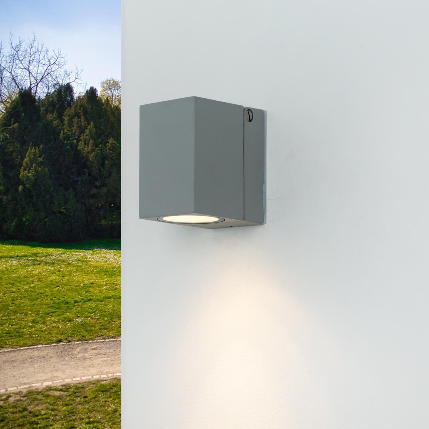 Licht-Erlebnisse Außen-Wandleuchte Grau Wandlampe AALBORG, IP44 GU10 Modern Wand Aluminium Leuchtmittel, außen Außenleuchte ohne