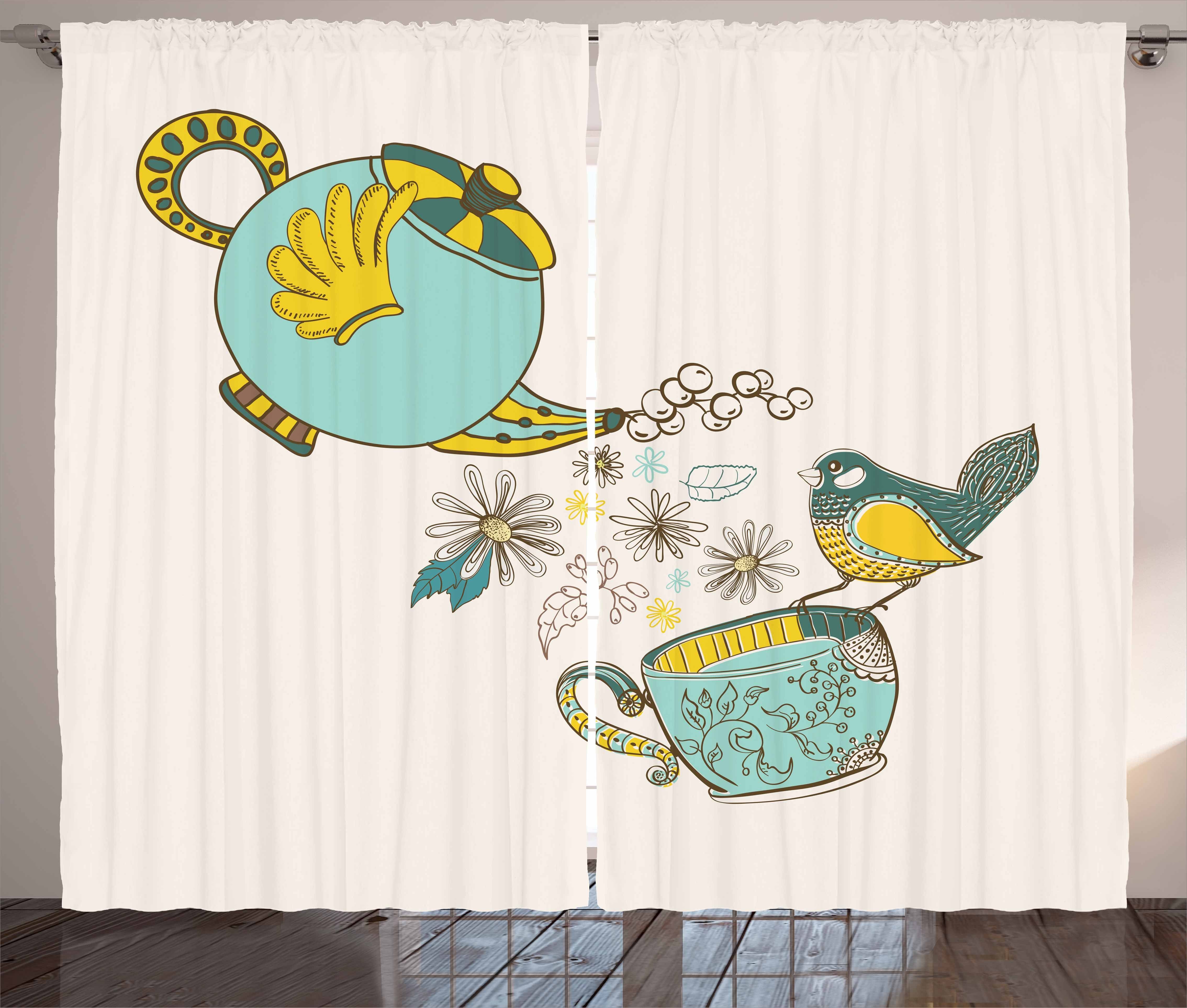 Gardine Schlafzimmer Kräuselband Vorhang mit Schlaufen und Haken, Abakuhaus, Tee Vogel-Blumen-Winged-Topf-Kunst