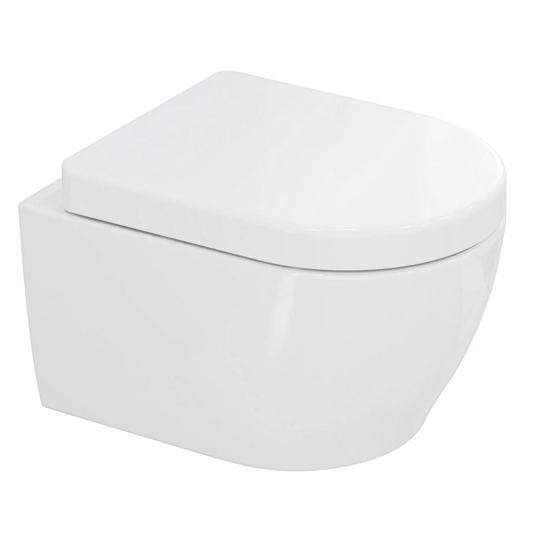 Aqua Bagno Tiefspül-WC spülrandlose Toilette mit WC-Sitz weiß kurzes WC Wand-WC, wandhängend, Abgang waagerecht