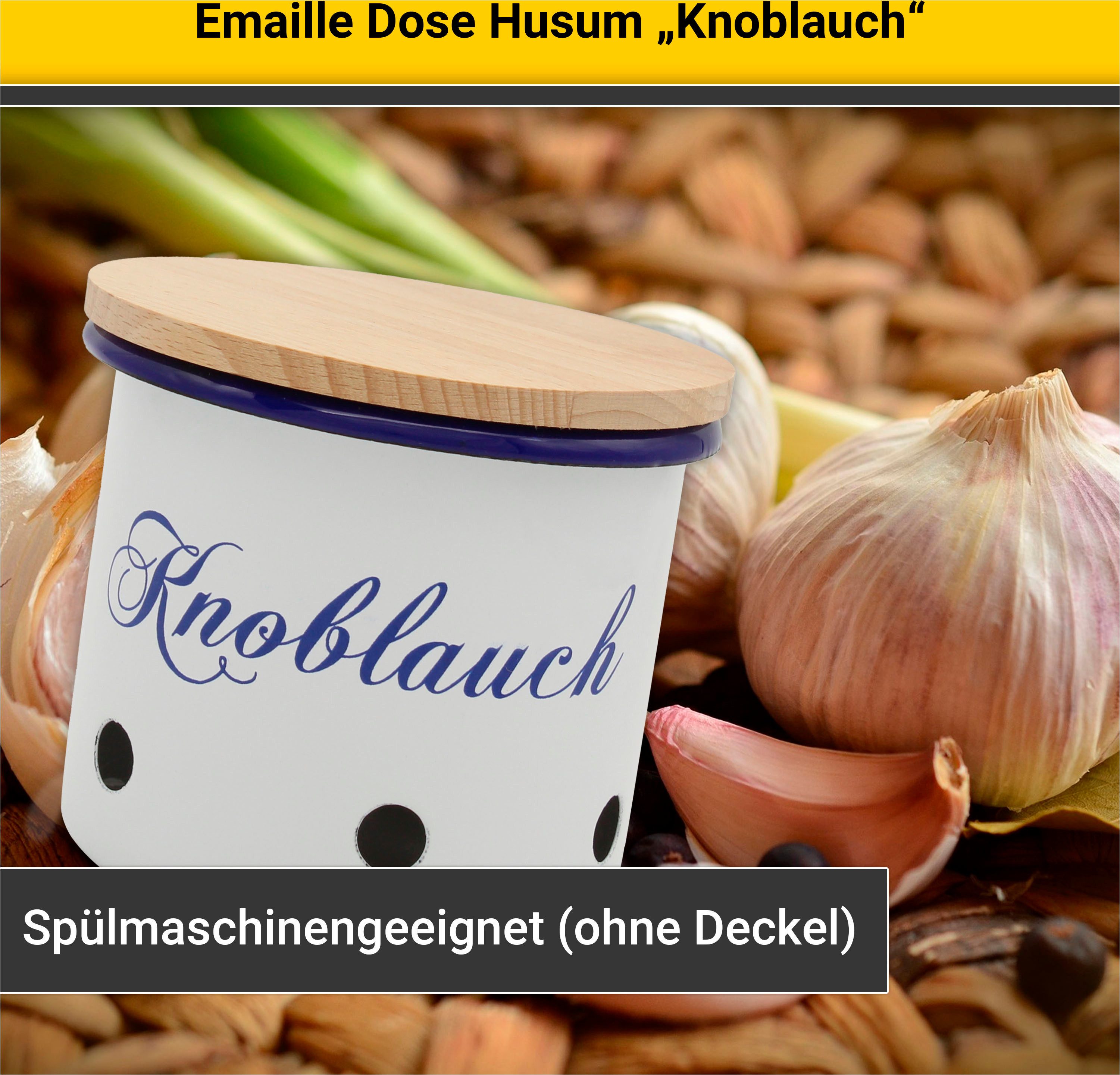 Krüger Vorratsdose Emaille Vorratsdose Husum für Knoblauch mit Holzdeckel, 10 cm, Emaille, (1-tlg), schnitt-/kratzfeste Oberfläche, Bakterienabweisend, extrem l – Bild 4 von 5