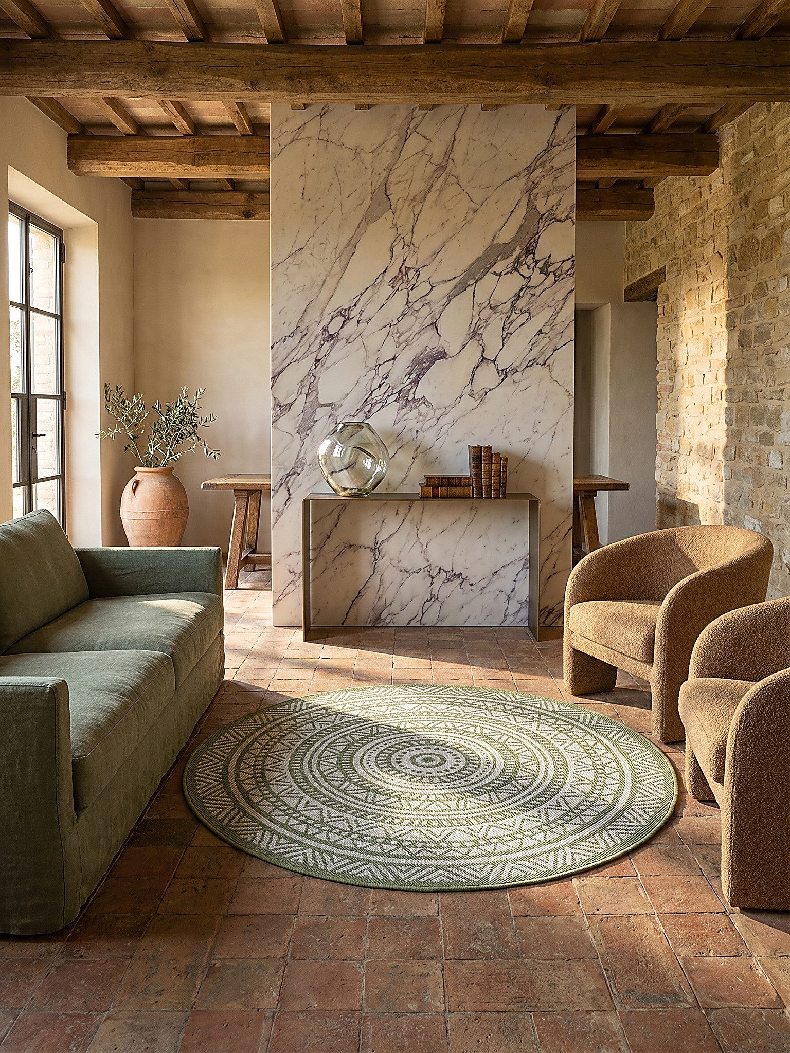 KADIMA DESIGN Teppich BORNO Rundteppich Grün 120x120 Orientalisch Polypropylen Wohnraum, Rund, Höhe: 4 mm, Strapazierfähig, Farbecht, Pflegeleicht, Wetterfest, UV-beständig