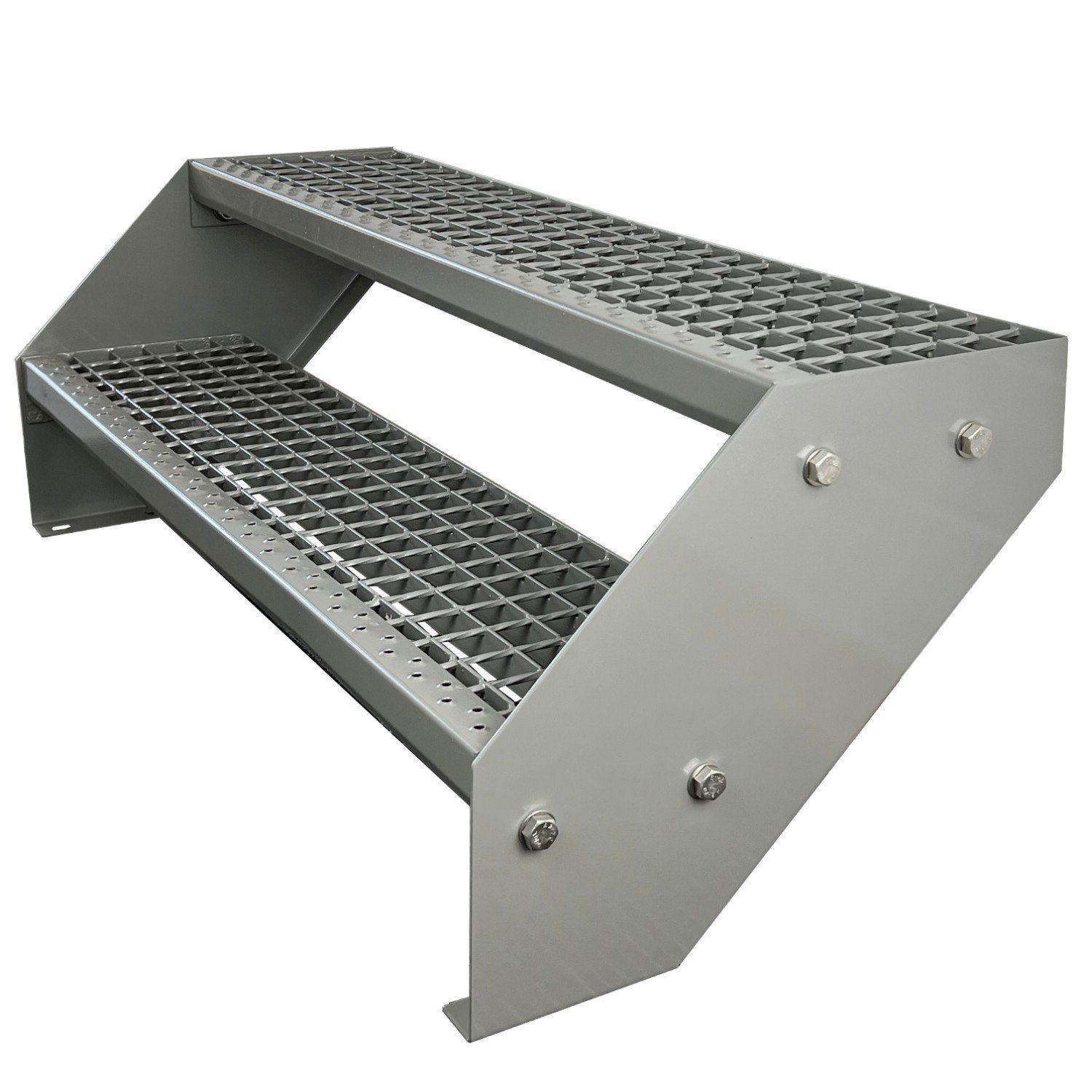Kaminbau Mierzwa Außentreppe Premium Treppe Komplett Silber Höhe Verstellbar, für Geschosshöhen bis 38 cm, Stufen Gitterroststufen nach DIN 24531, (Höhe 38 cm, Breite wählbar aus 60, 80, 100, 120, 140 cm), Gartentreppe Stahltreppe Wetterfest Rostfrei Feuer-Verzinkt Rutschfest
