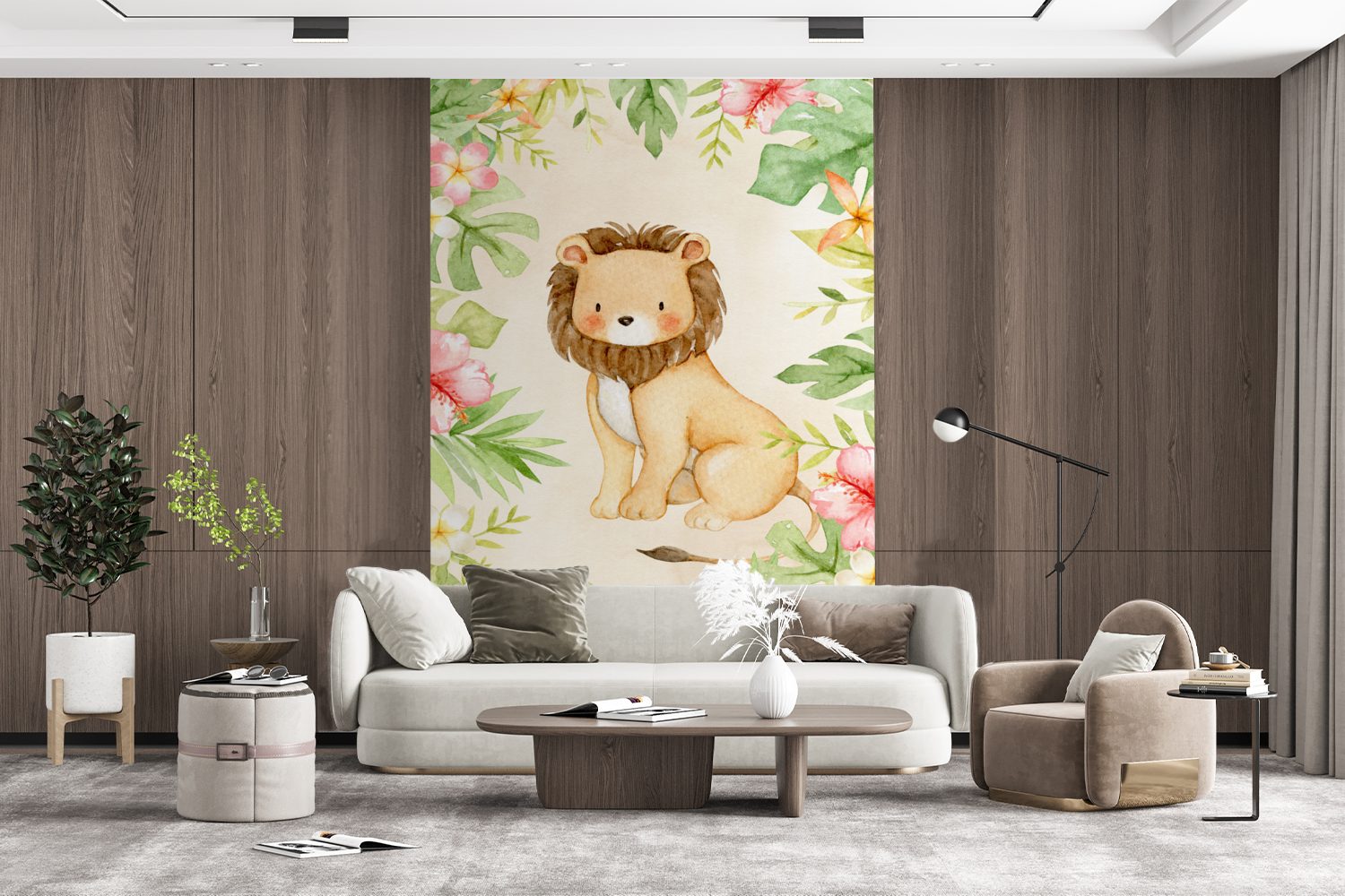 Wohnzimmer, Fototapete Dschungel bedruckt, Blumen Löwe für MuchoWow Tapete Aquarell, - St), - Vinyl Wandtapete Montagefertig Matt, - (3