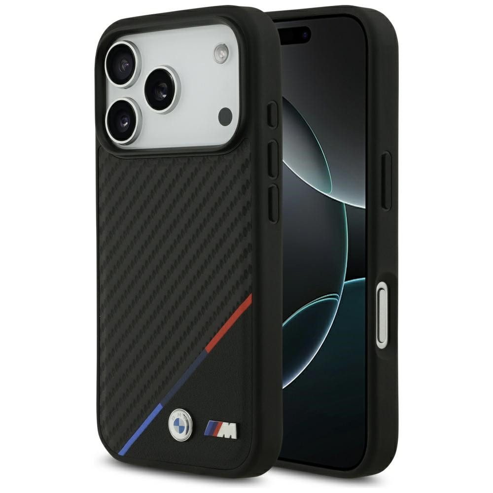 BMW Handyhülle MagSafe iPhone 17 Pro Carbon-Look Tricolor schwarz Logo Metall 6,3 Zoll, Kantenschutz