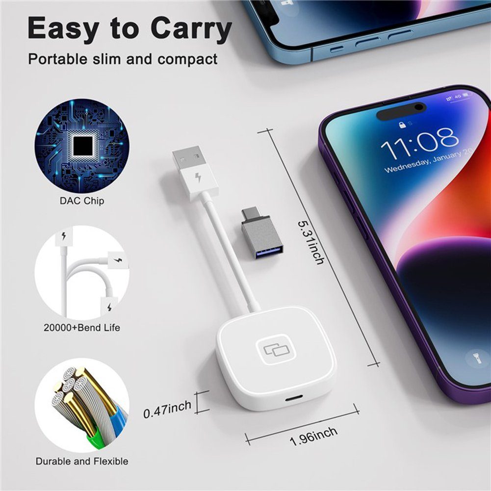 Bolwins A39C Auto Spiegeladapter AI Box Carplay Display Adapter USB-C Adapter Auto-Adapter USB Typ A, USB-C zu USB-C, 7 cm, Carplay, Spiegeladapter