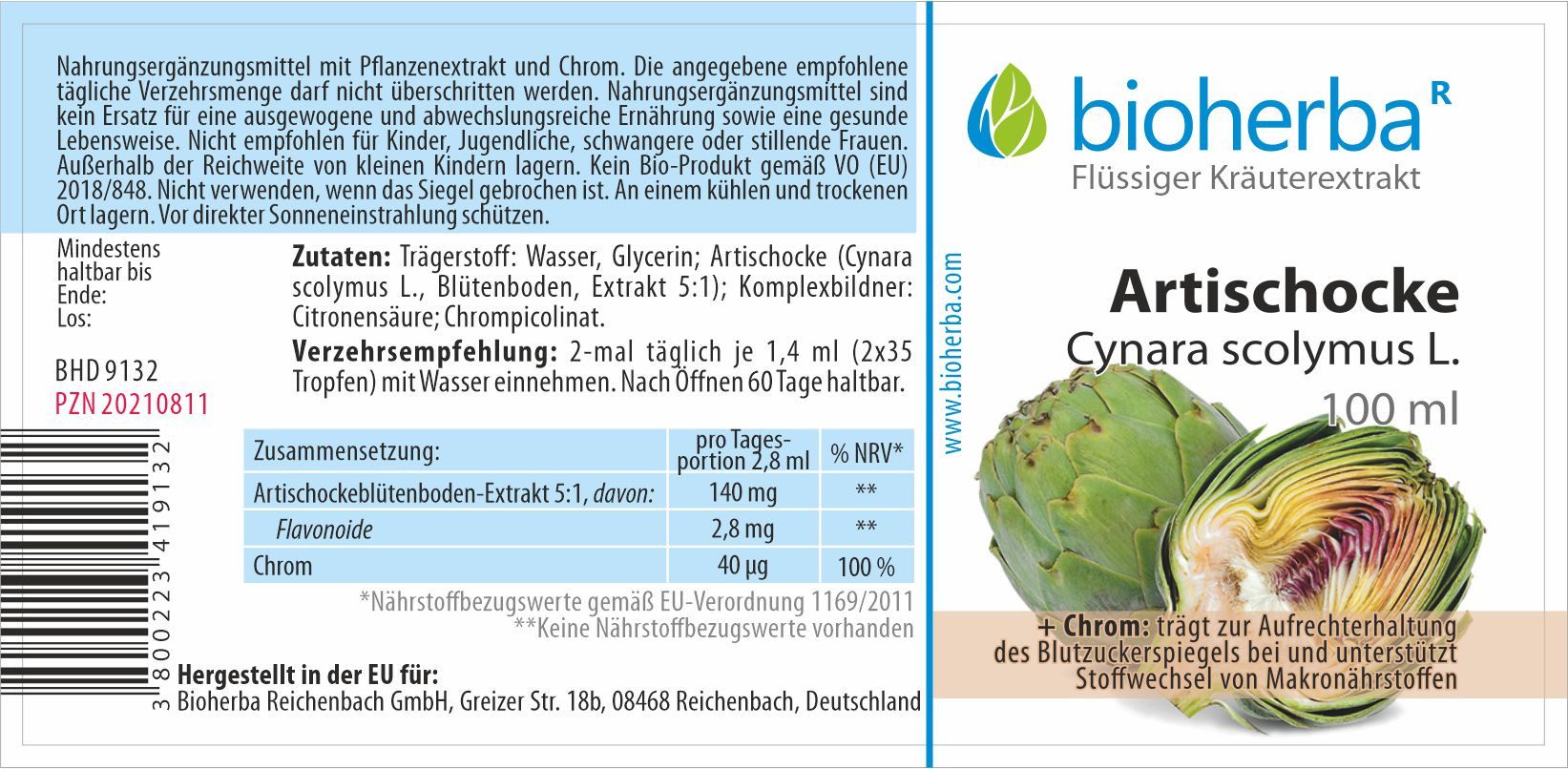 BIOHERBA R Bioherba Artischocke Cynara scolymus L. Tropfen Tinktur 100 ml Tropfen, 1 er