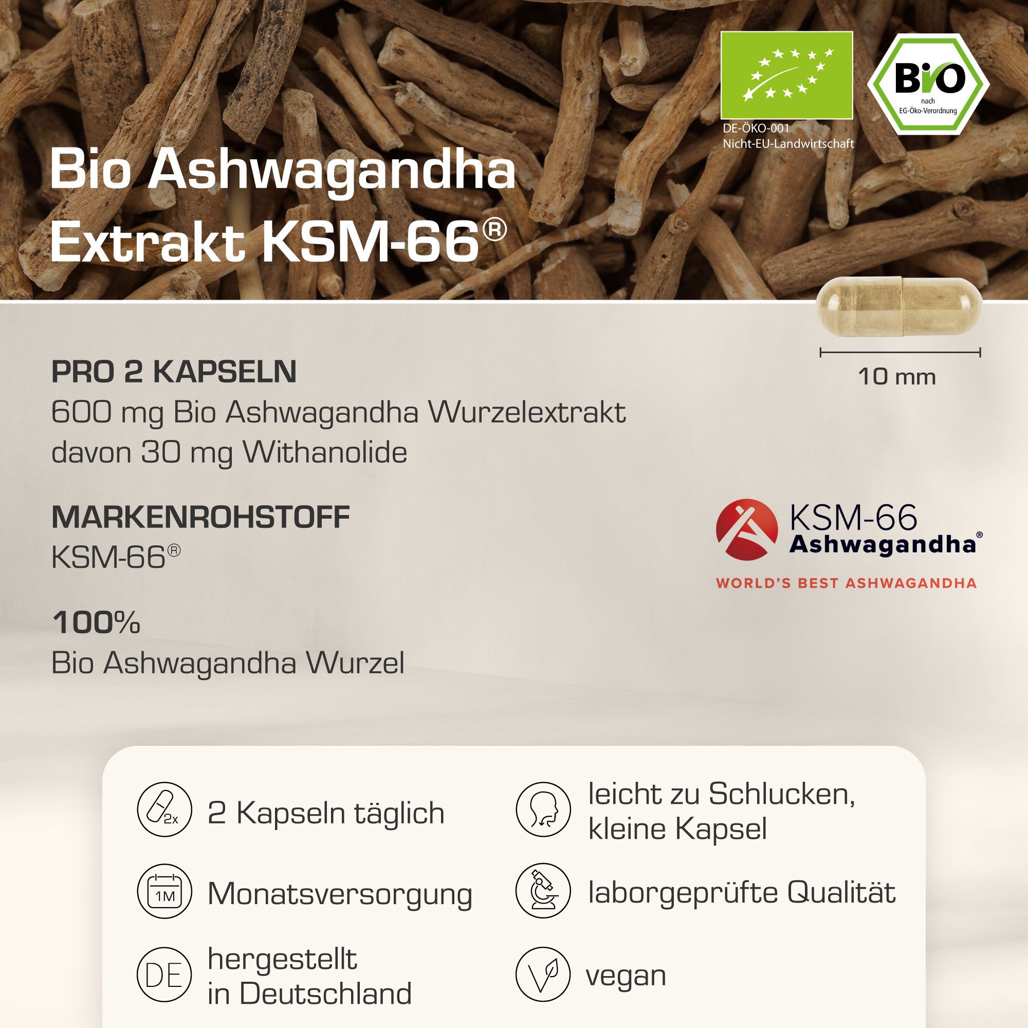 Purabyo BIO Ashwagandha KSM-66, 300 mg Extrakt pro Kapsel, im Glas Kapseln, 60 St., 22.5 g
