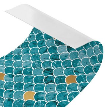 Bilderdepot24 Küchenrückwand türkis dekor Abstrakt Fliesenoptik Fischschuppen Fliesen Marmor Gold, (1-tlg., Nischenrückwand - für Fliesenspiegel ohne Bohren - matt), Spritzschutz Rückwand Küche Herd - Folie selbstklebend versch. Größen